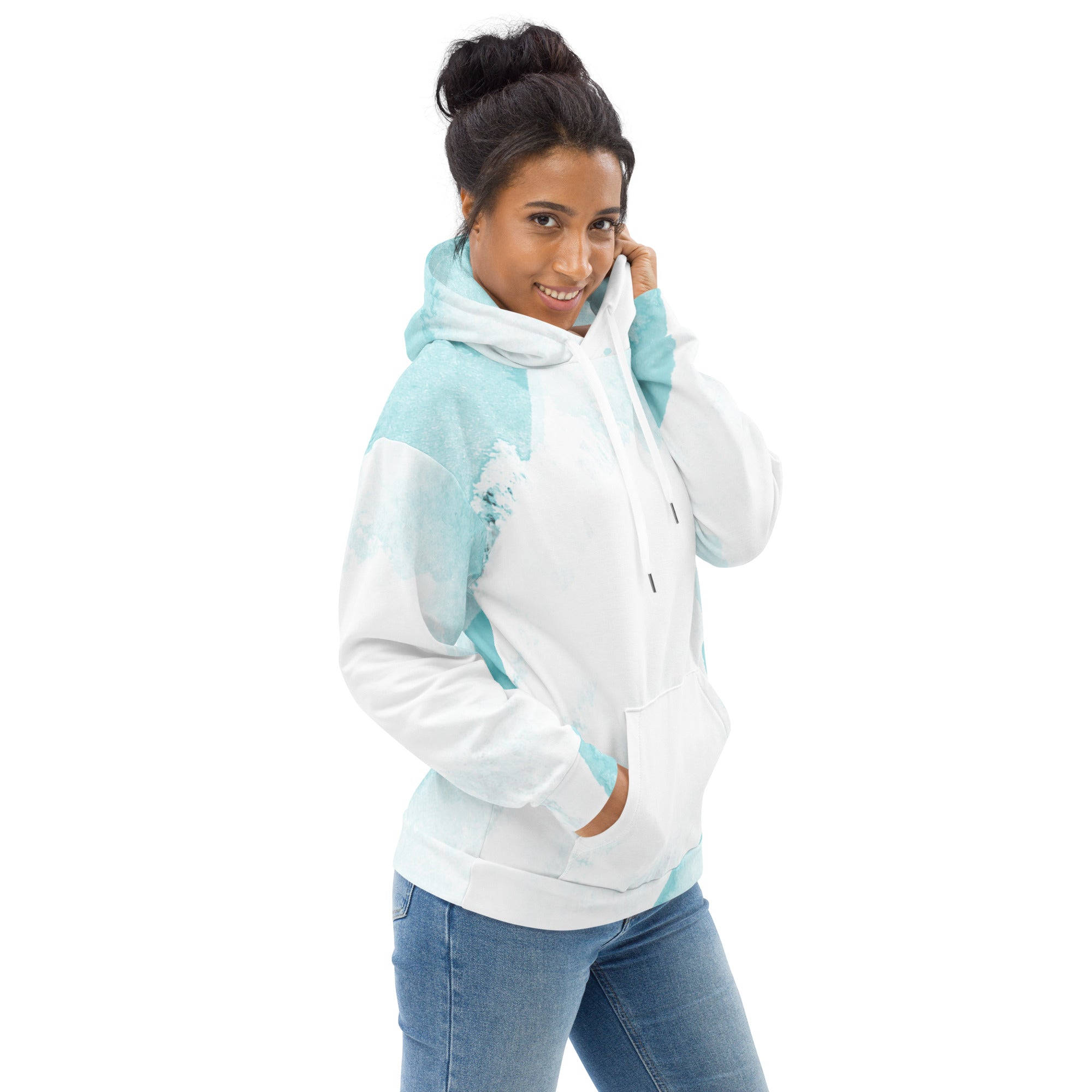 Women's Graphic Hoodie featuring a subtle abstract ocean blue and white print, showcasing a stylish design with a double-lined hood and front pouch pocket.