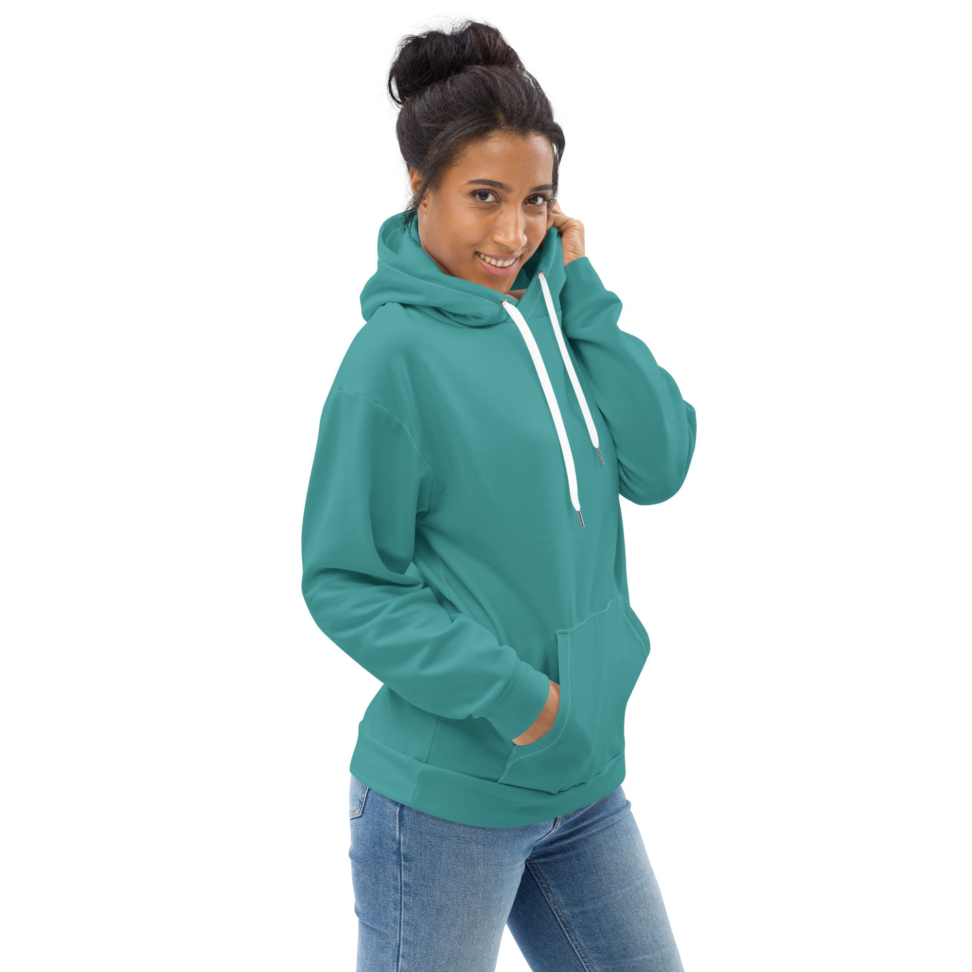 Womens Graphic Hoodie in Teal Green featuring dynamic all-over print and double-lined hood, perfect for stylish comfort.