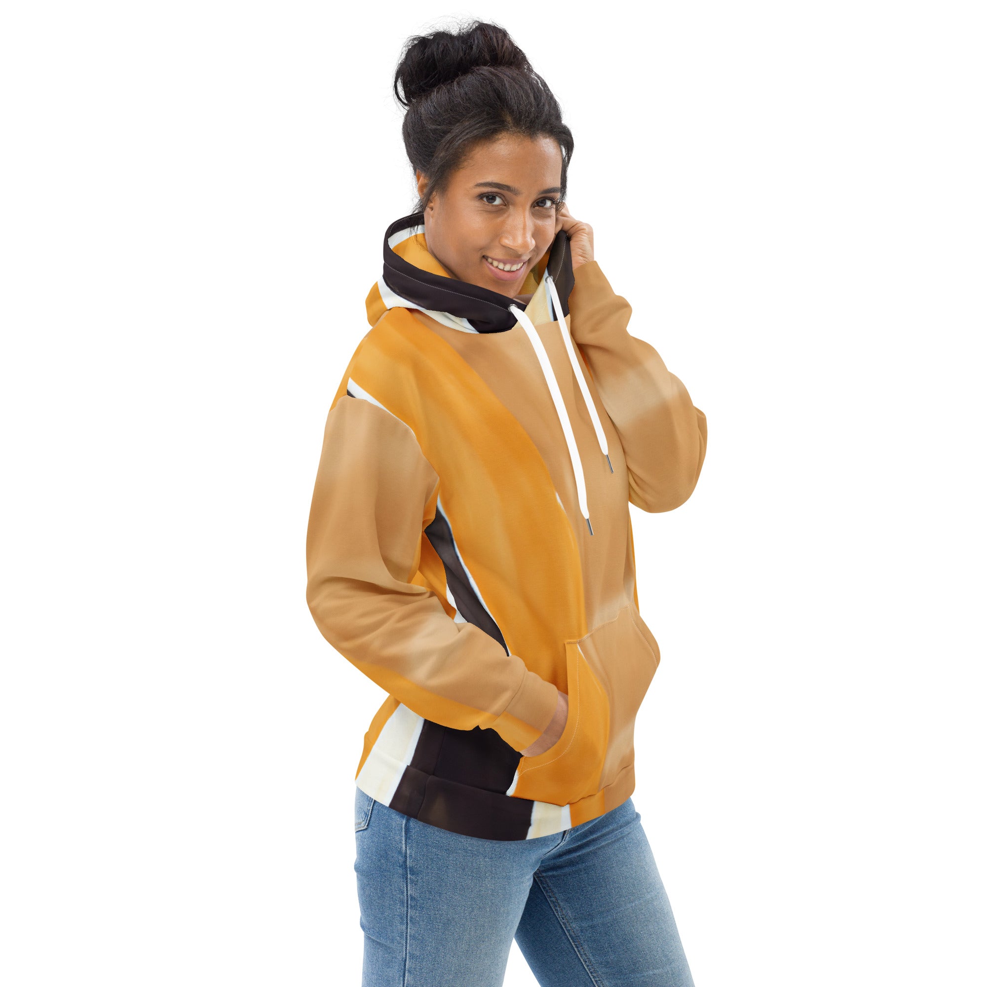 Women's graphic hoodie featuring a vibrant yellow and brown abstract pattern, showcasing a stylish design with a comfortable fit.