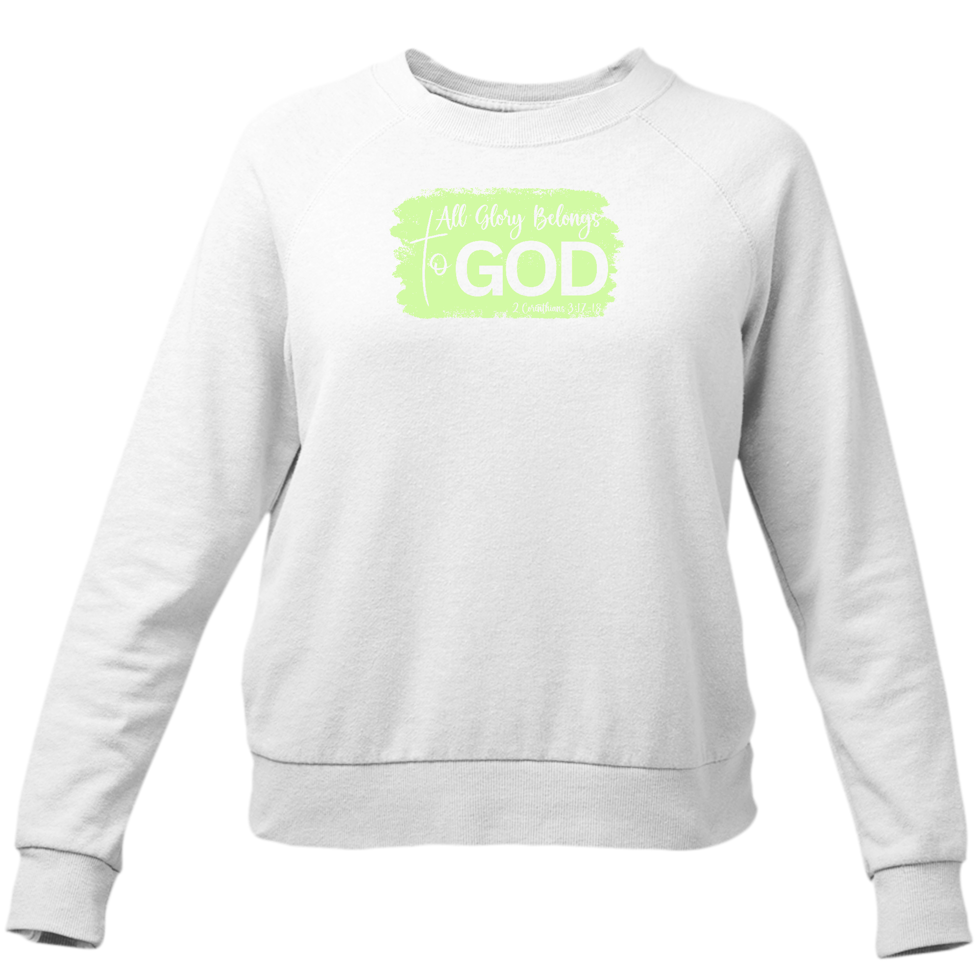 Women's long sleeve graphic sweatshirt in neon with 'All Glory Belongs to God' illustration, showcasing comfort and style.