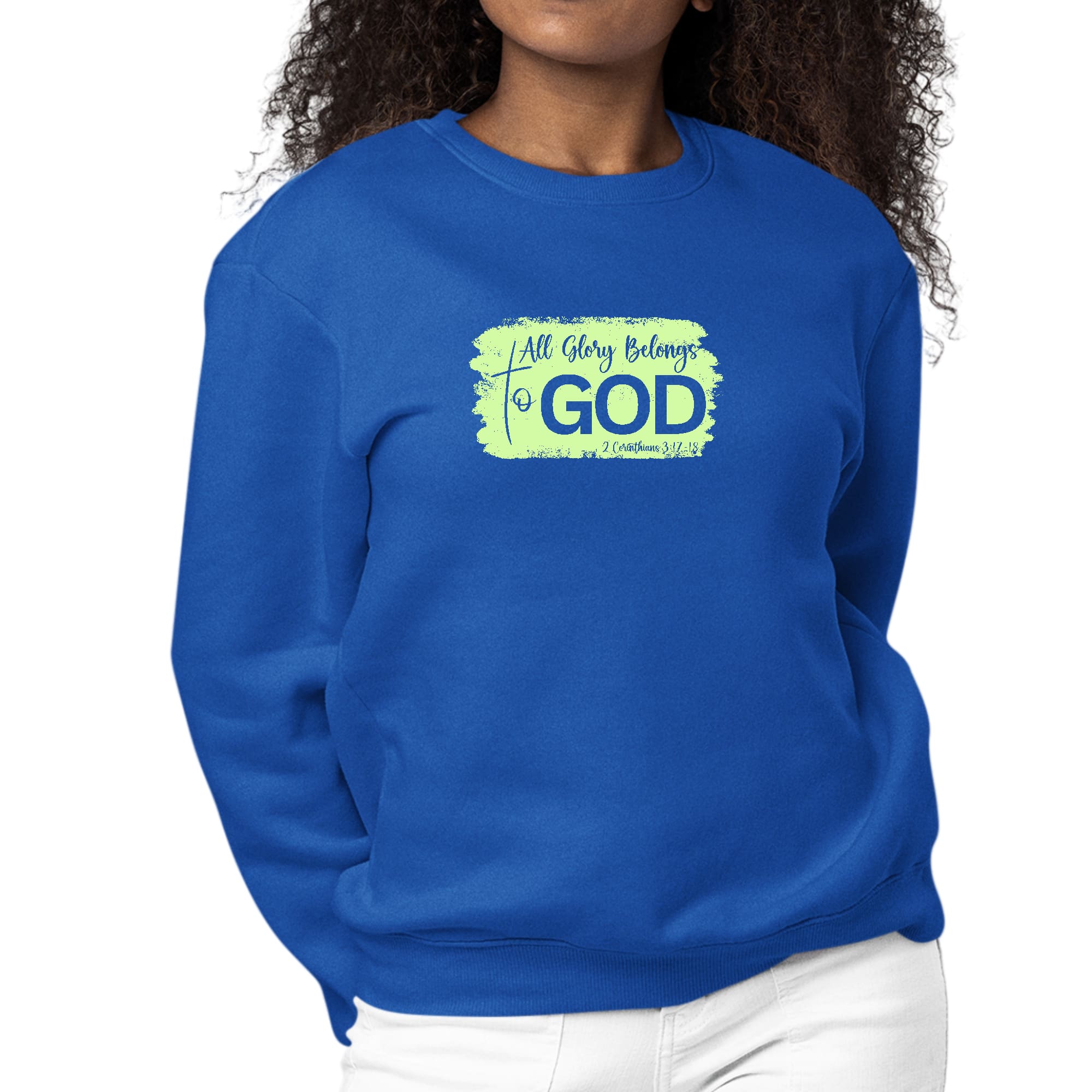 Women's long sleeve graphic sweatshirt in neon with 'All Glory Belongs to God' illustration, showcasing comfort and style.