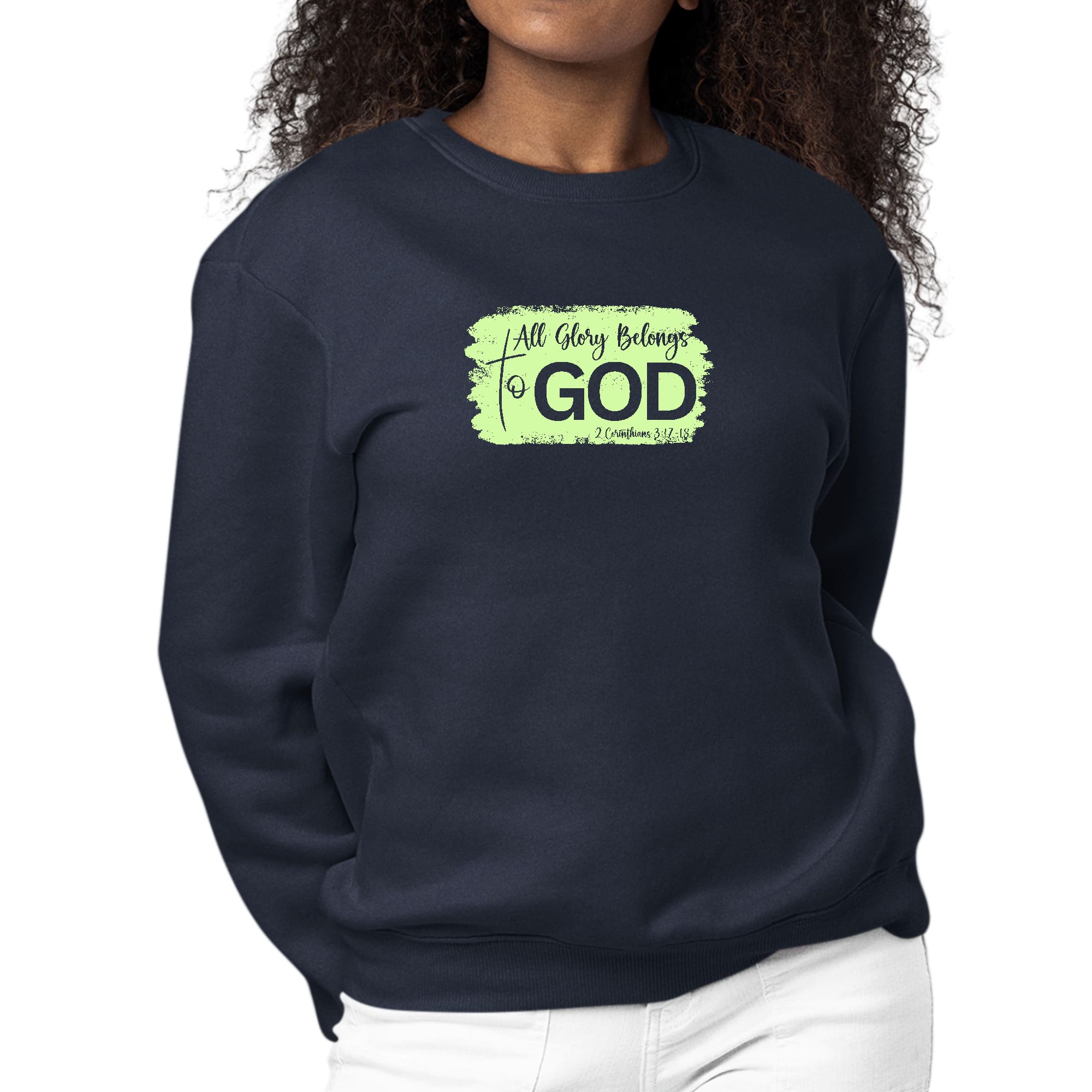 Women's long sleeve graphic sweatshirt in neon with 'All Glory Belongs to God' illustration, showcasing comfort and style.