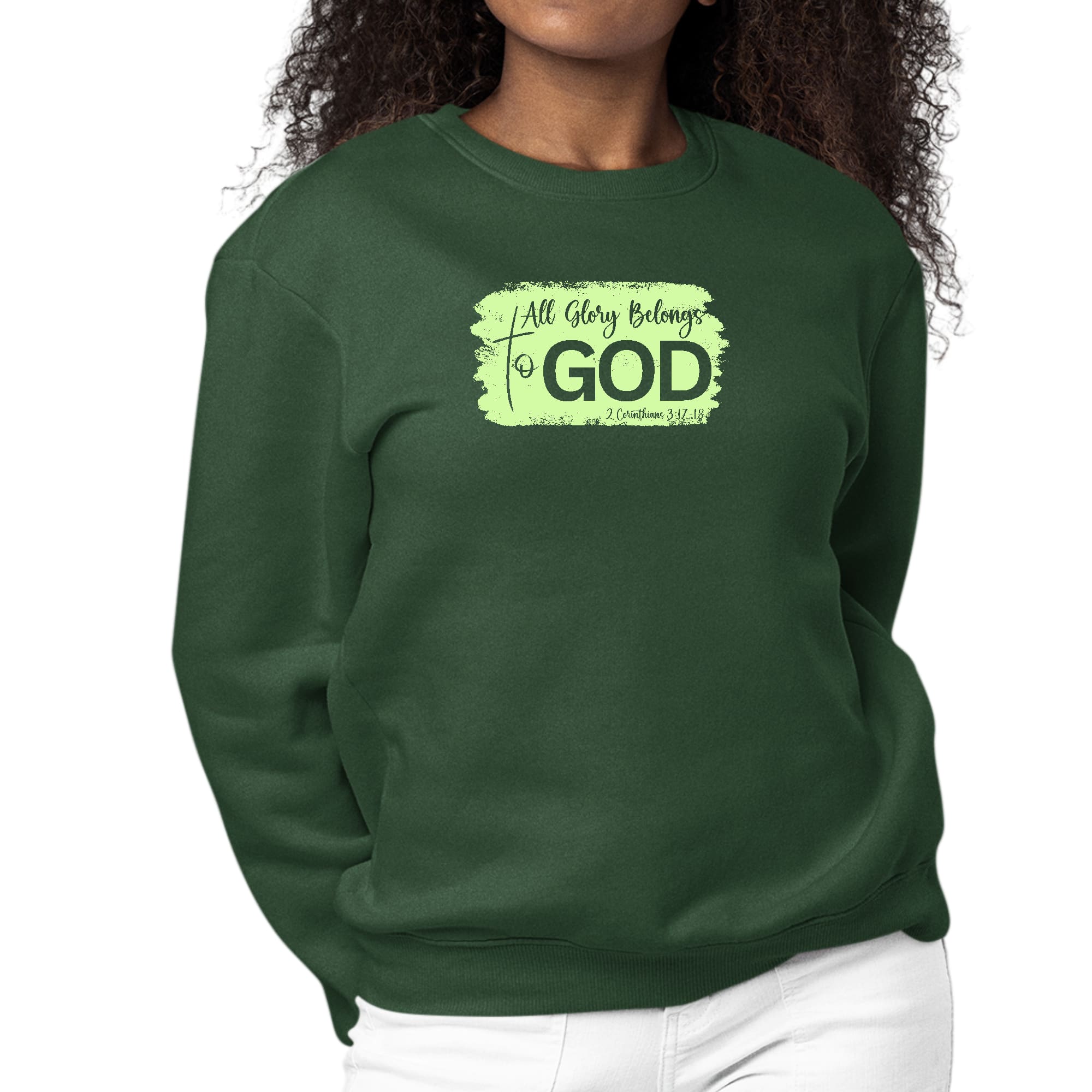 Women's long sleeve graphic sweatshirt in neon with 'All Glory Belongs to God' illustration, showcasing comfort and style.