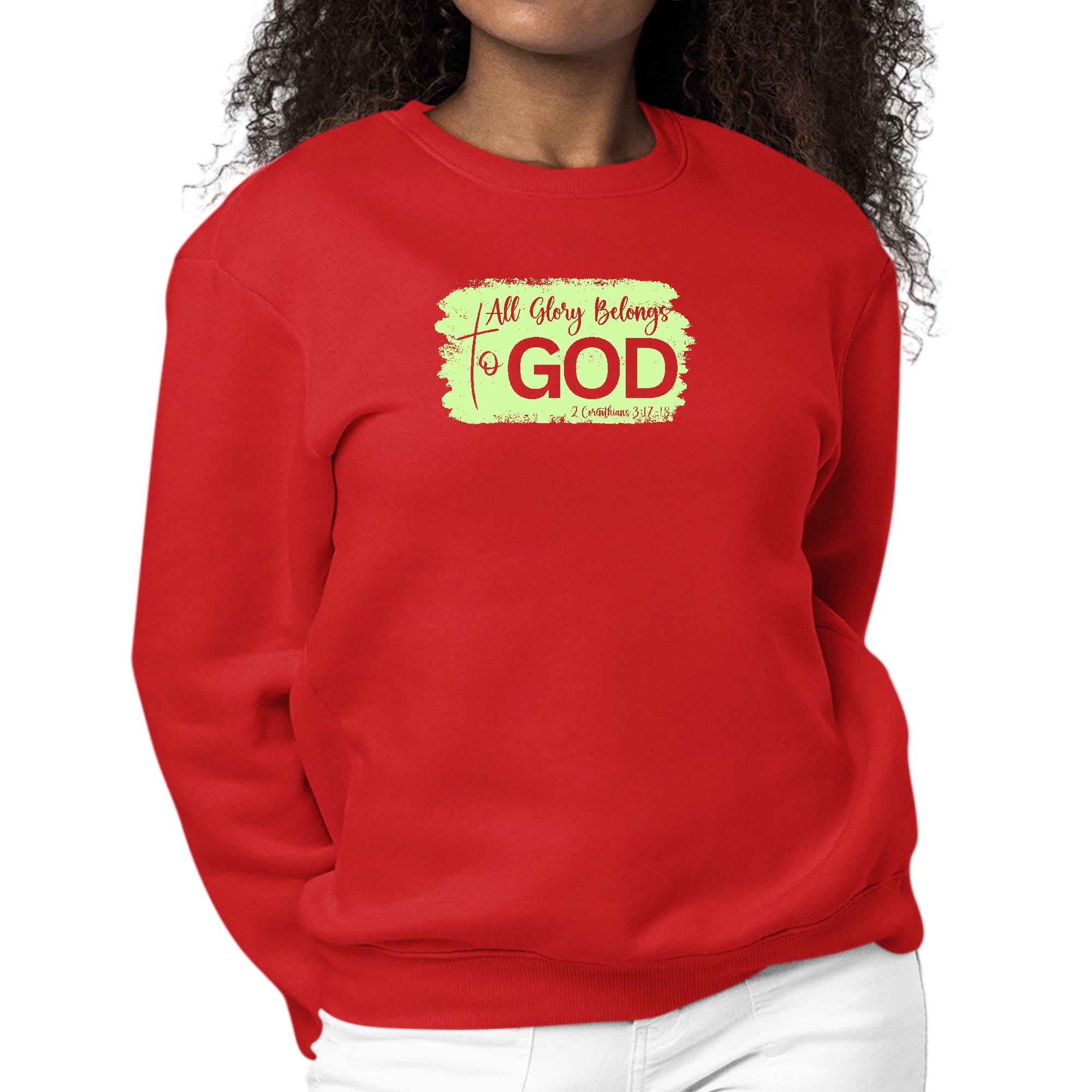 Women's long sleeve graphic sweatshirt in neon with 'All Glory Belongs to God' illustration, showcasing comfort and style.