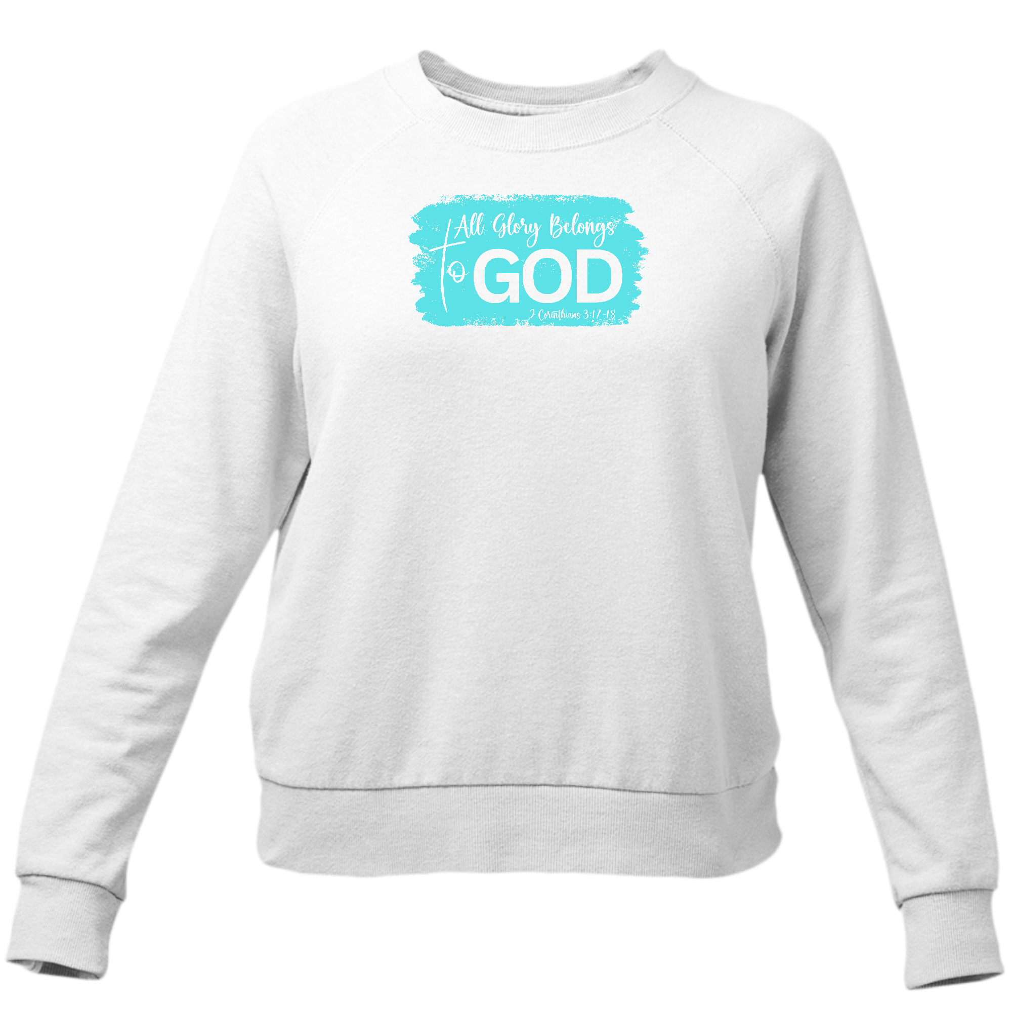 Women's long sleeve crewneck sweatshirt with 'All Glory Belongs to God' graphic in cyan, showcasing comfort and style.