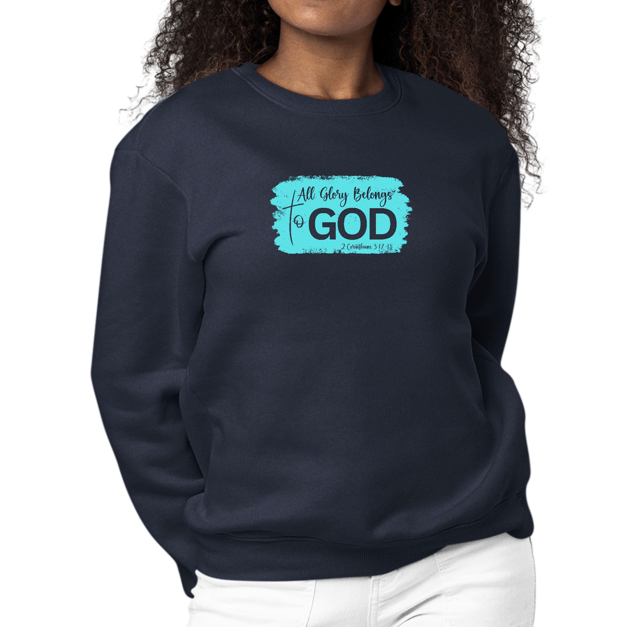 Women's long sleeve crewneck sweatshirt with 'All Glory Belongs to God' graphic in cyan, showcasing comfort and style.