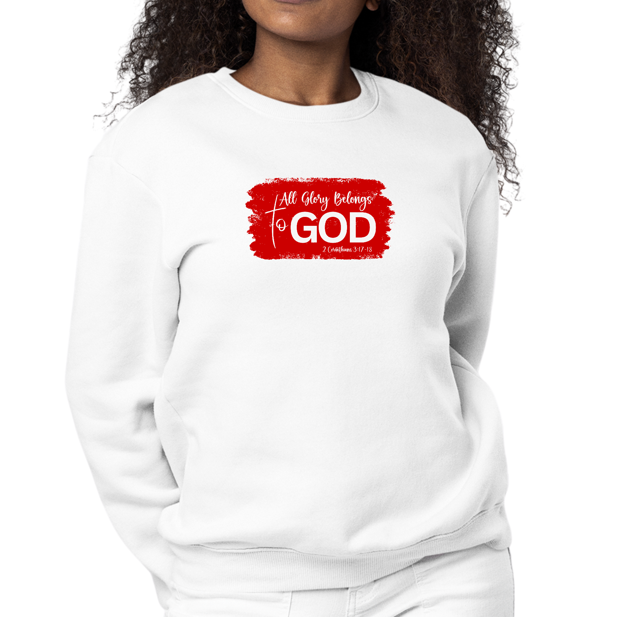 Womens Graphic Sweatshirt in red featuring 'All Glory Belongs to God' illustration, showcasing a cozy pullover style and comfortable fit.