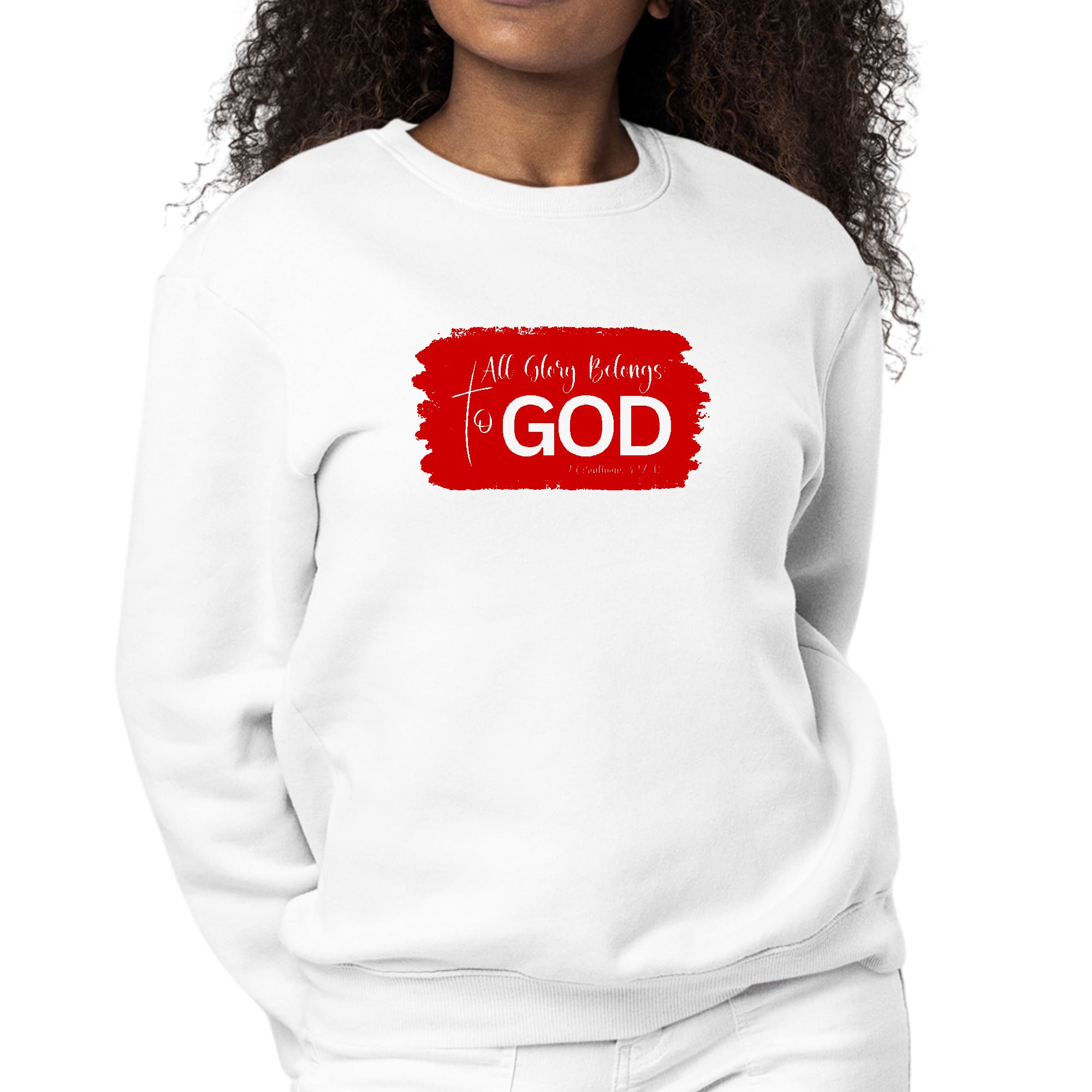 Womens Graphic Sweatshirt in red featuring 'All Glory Belongs to God' illustration, showcasing a cozy pullover style and comfortable fit.