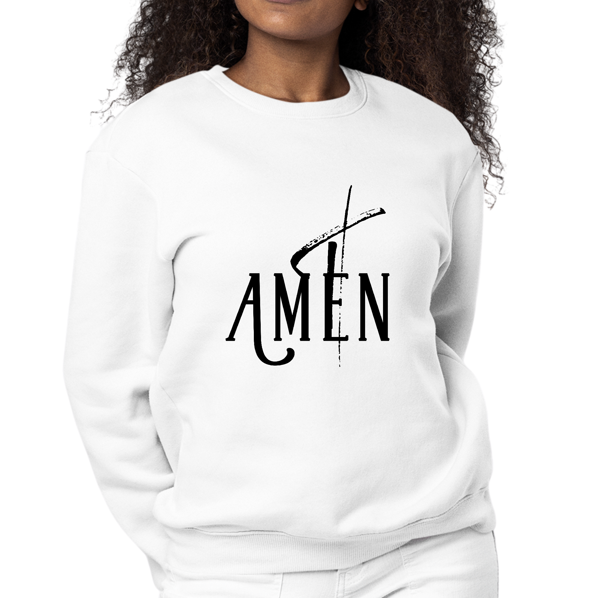 Womens Graphic Sweatshirt featuring AMEN Black Print, showcasing a cozy crewneck design with ribbed details.