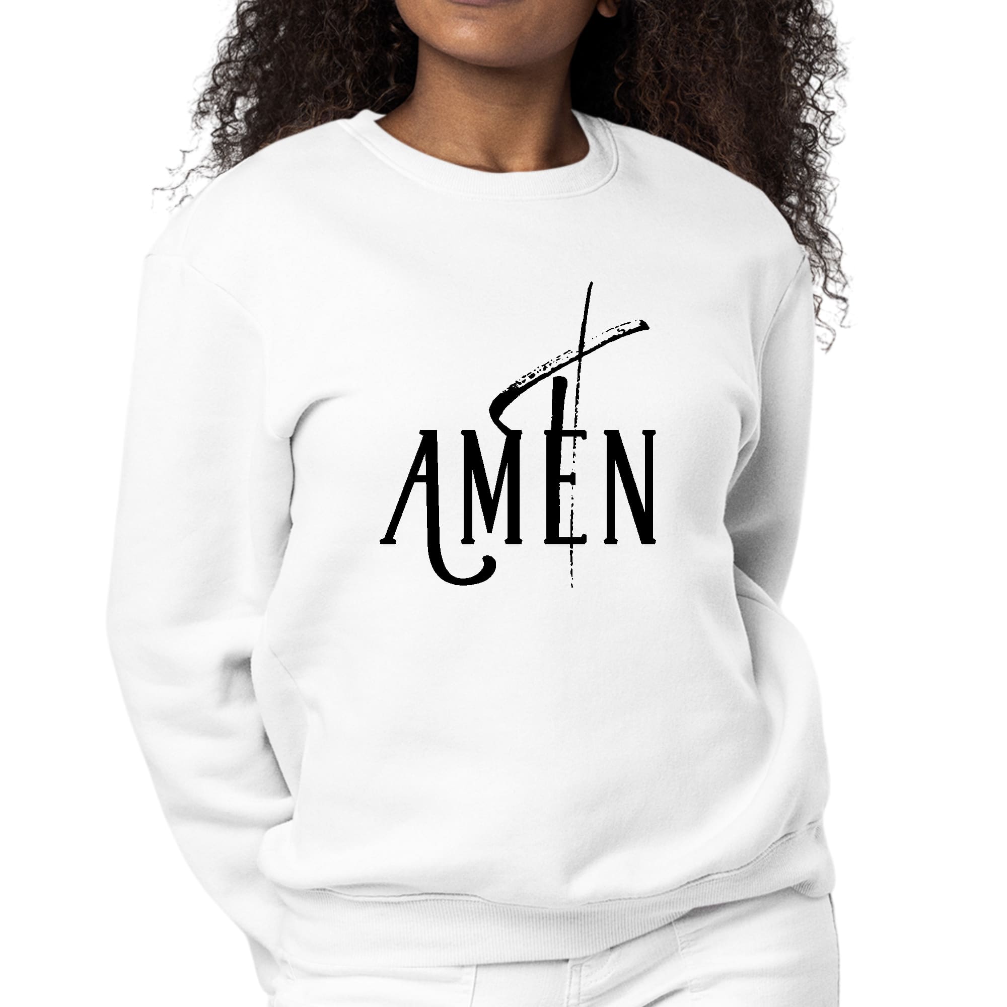 Womens Graphic Sweatshirt featuring AMEN Black Print, showcasing a cozy crewneck design with ribbed details.