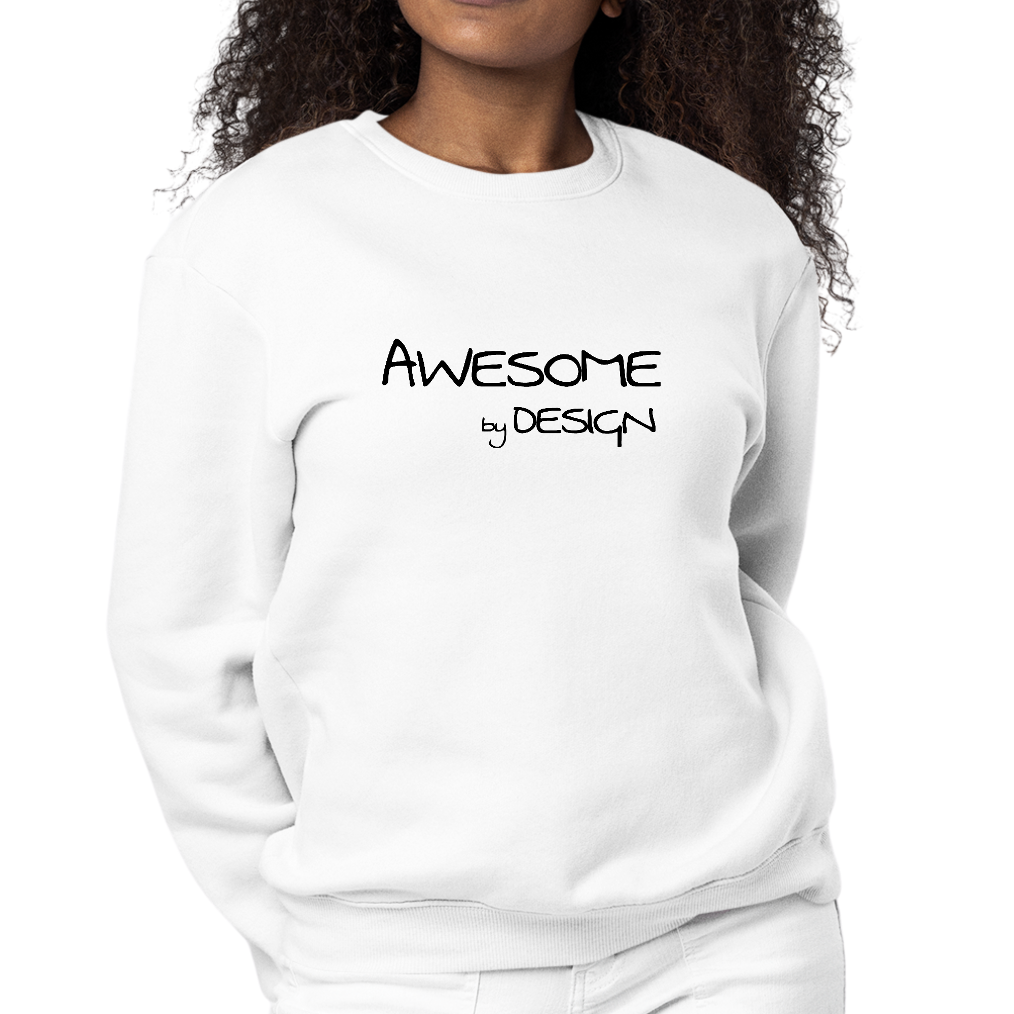 Womens Graphic Sweatshirt in black with Awesome by Design print, showcasing cozy fleece material and stylish crewneck design.