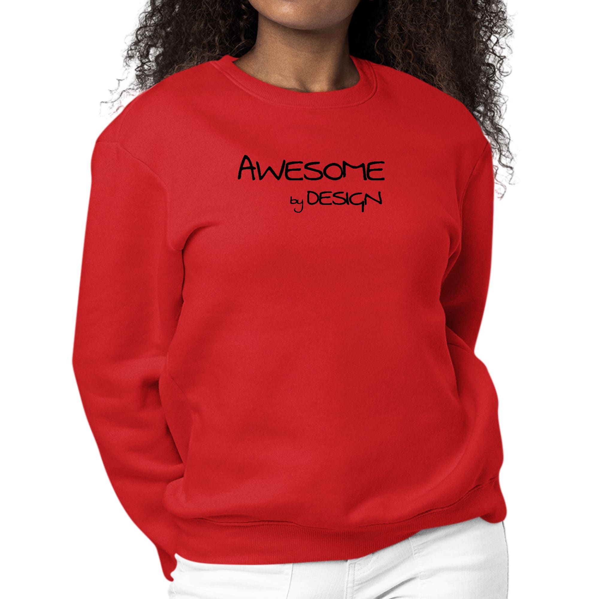 Womens Graphic Sweatshirt in black with Awesome by Design print, showcasing cozy fleece material and stylish crewneck design.