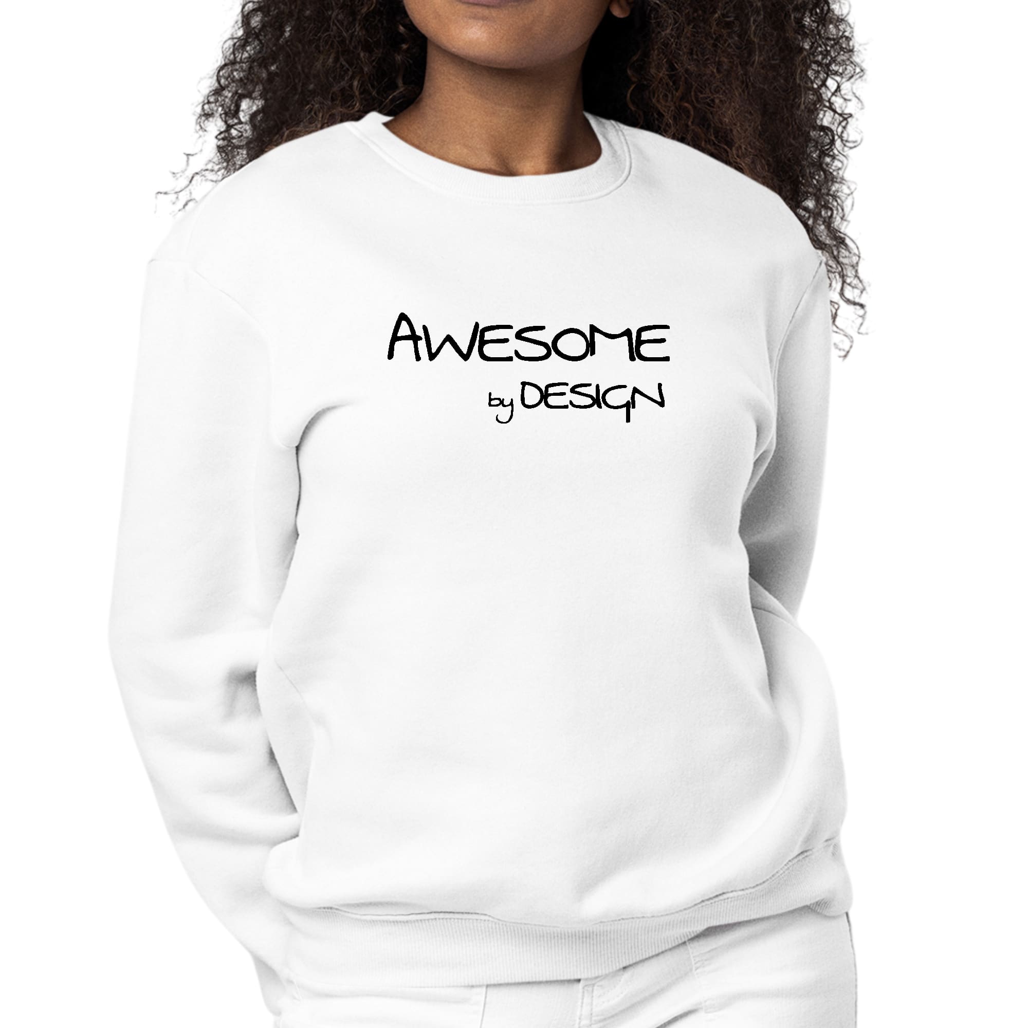 Womens Graphic Sweatshirt in black with Awesome by Design print, showcasing cozy fleece material and stylish crewneck design.