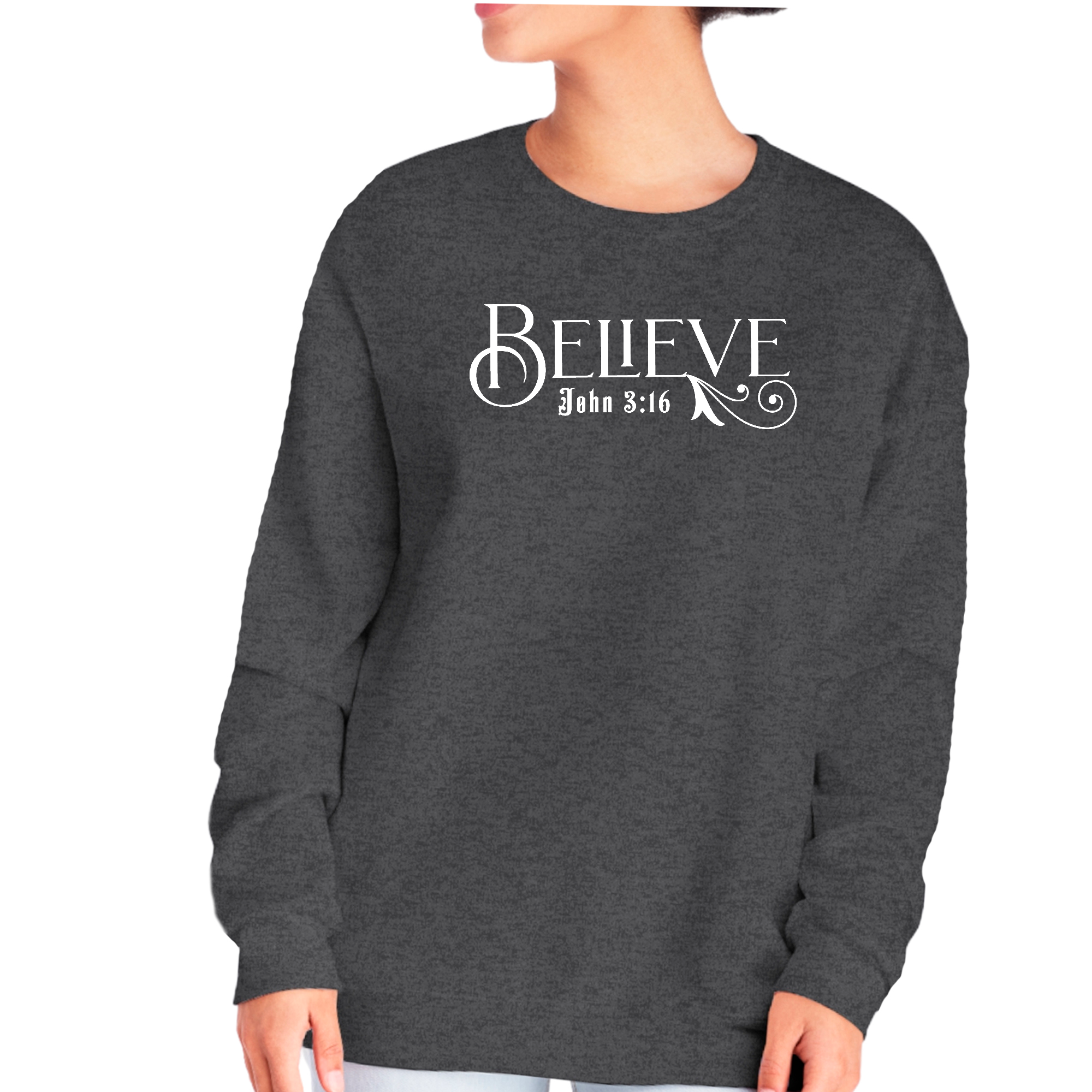 Women's long sleeve crewneck sweatshirt with John 3:16 scripture print, featuring ribbed collar and cuffs, in a comfortable fit.