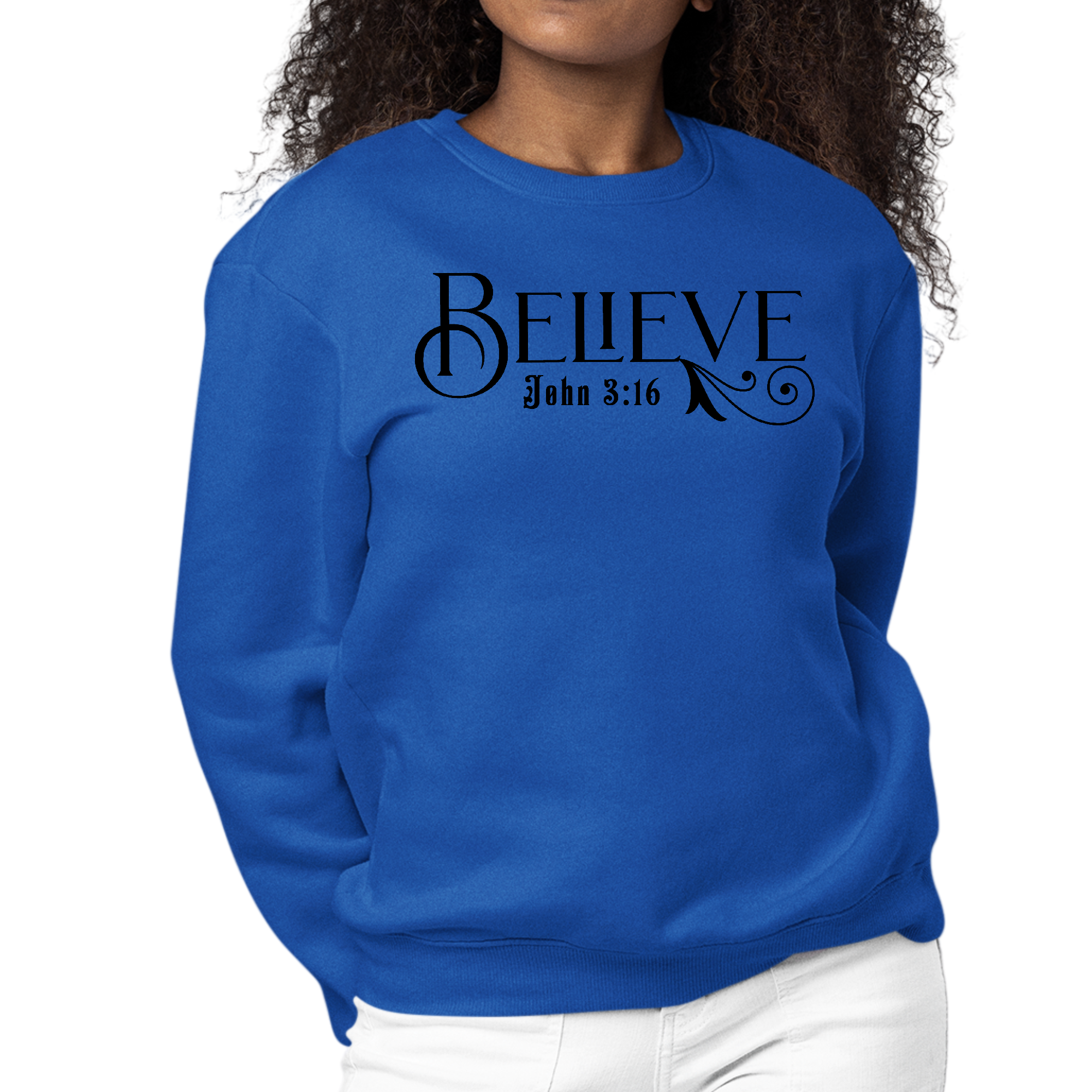 Women's black graphic sweatshirt featuring John 3:16 scripture illustration, showcasing a comfortable crewneck design.