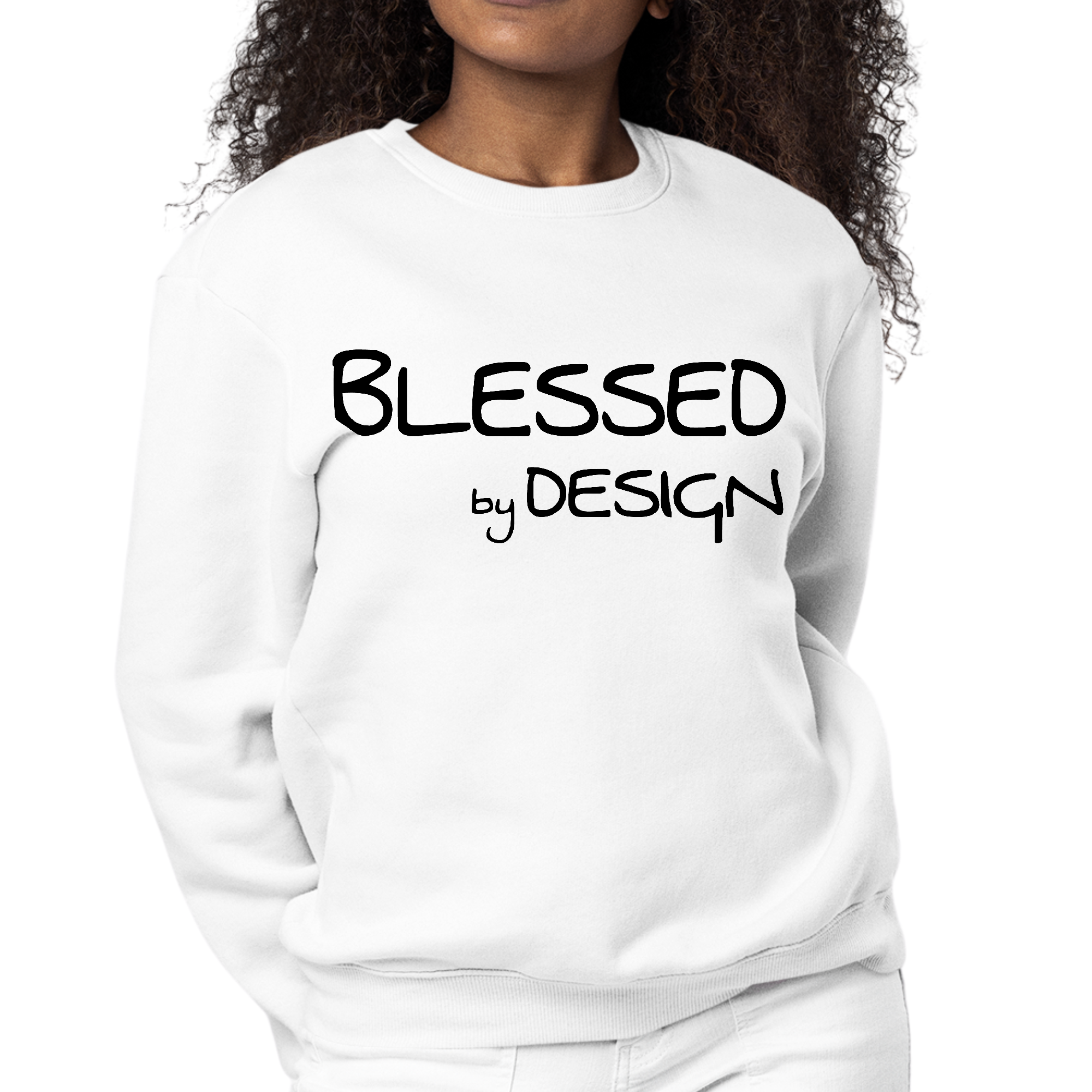 Women's black graphic sweatshirt featuring the inspirational phrase 'Blessed by Design' on the front, designed for comfort and style.