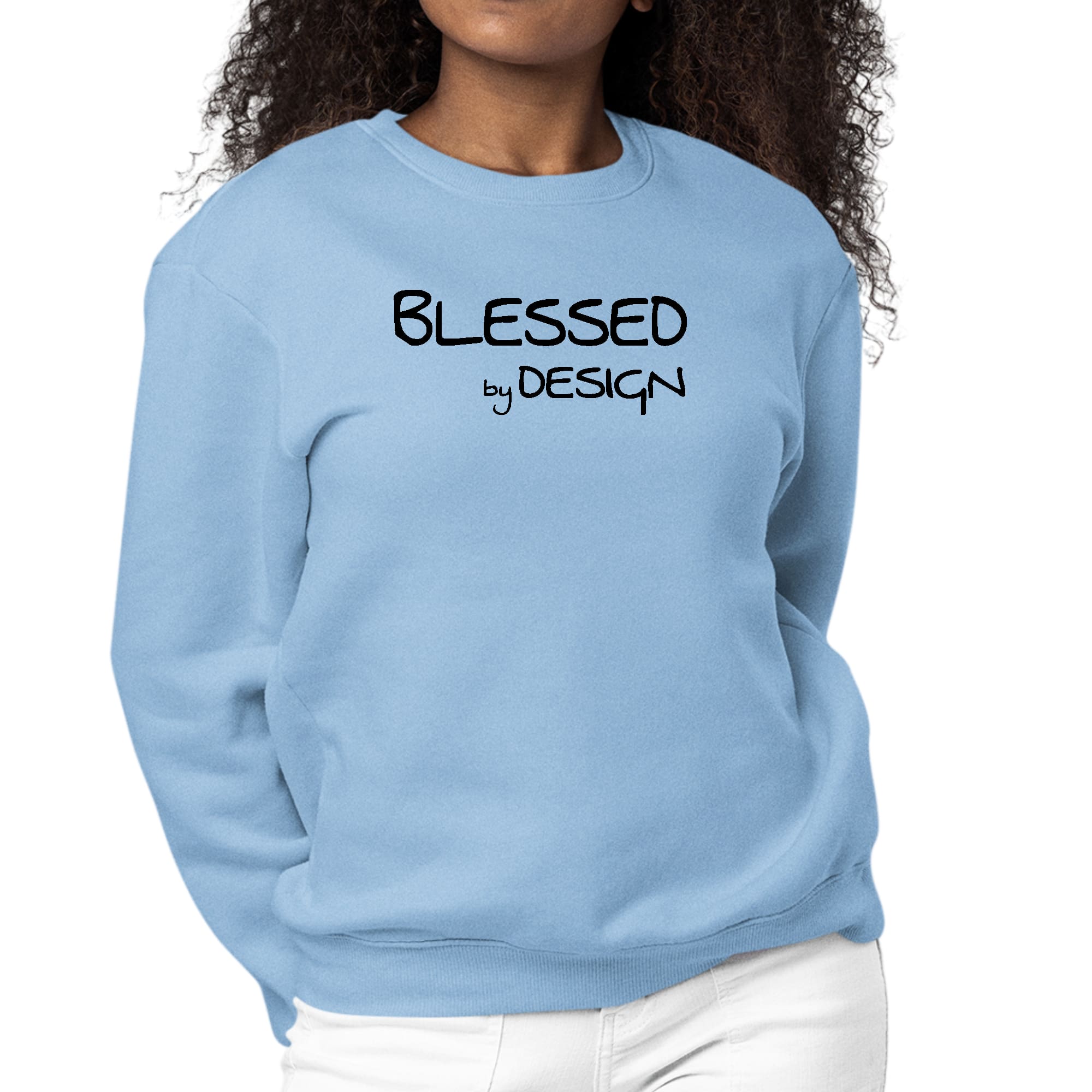 Women's black graphic sweatshirt featuring the inspirational phrase 'Blessed by Design' on the front, designed for comfort and style.