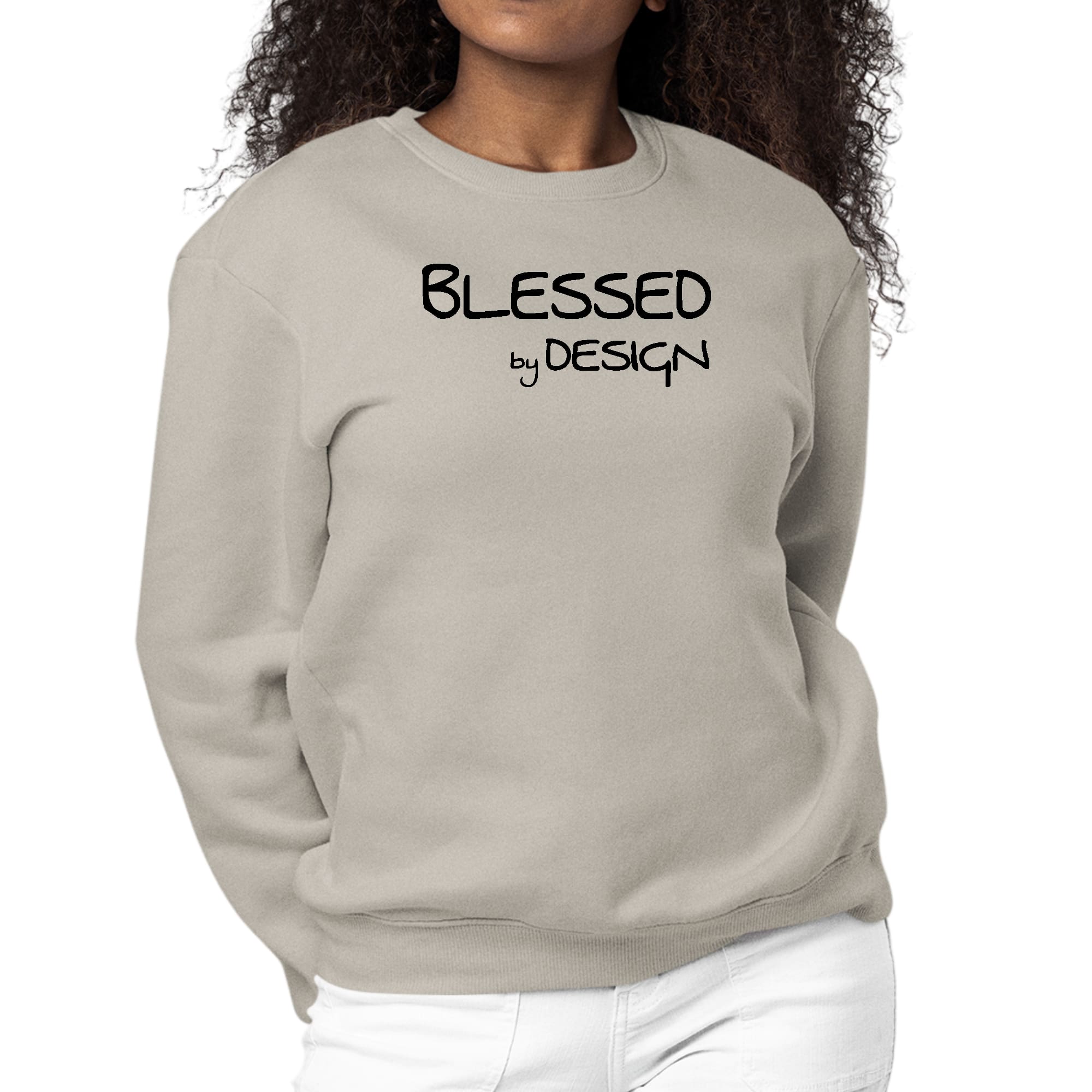 Women's black graphic sweatshirt featuring the inspirational phrase 'Blessed by Design' on the front, designed for comfort and style.