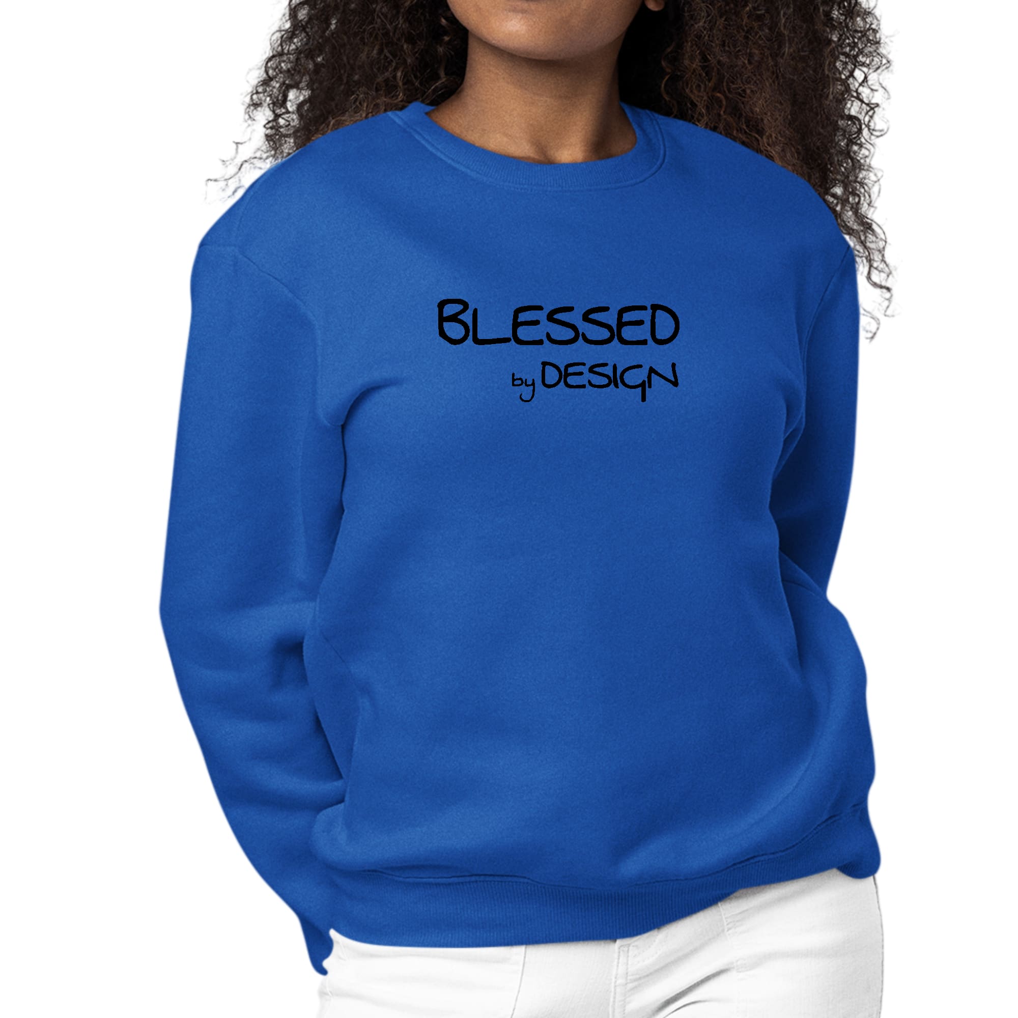 Women's black graphic sweatshirt featuring the inspirational phrase 'Blessed by Design' on the front, designed for comfort and style.