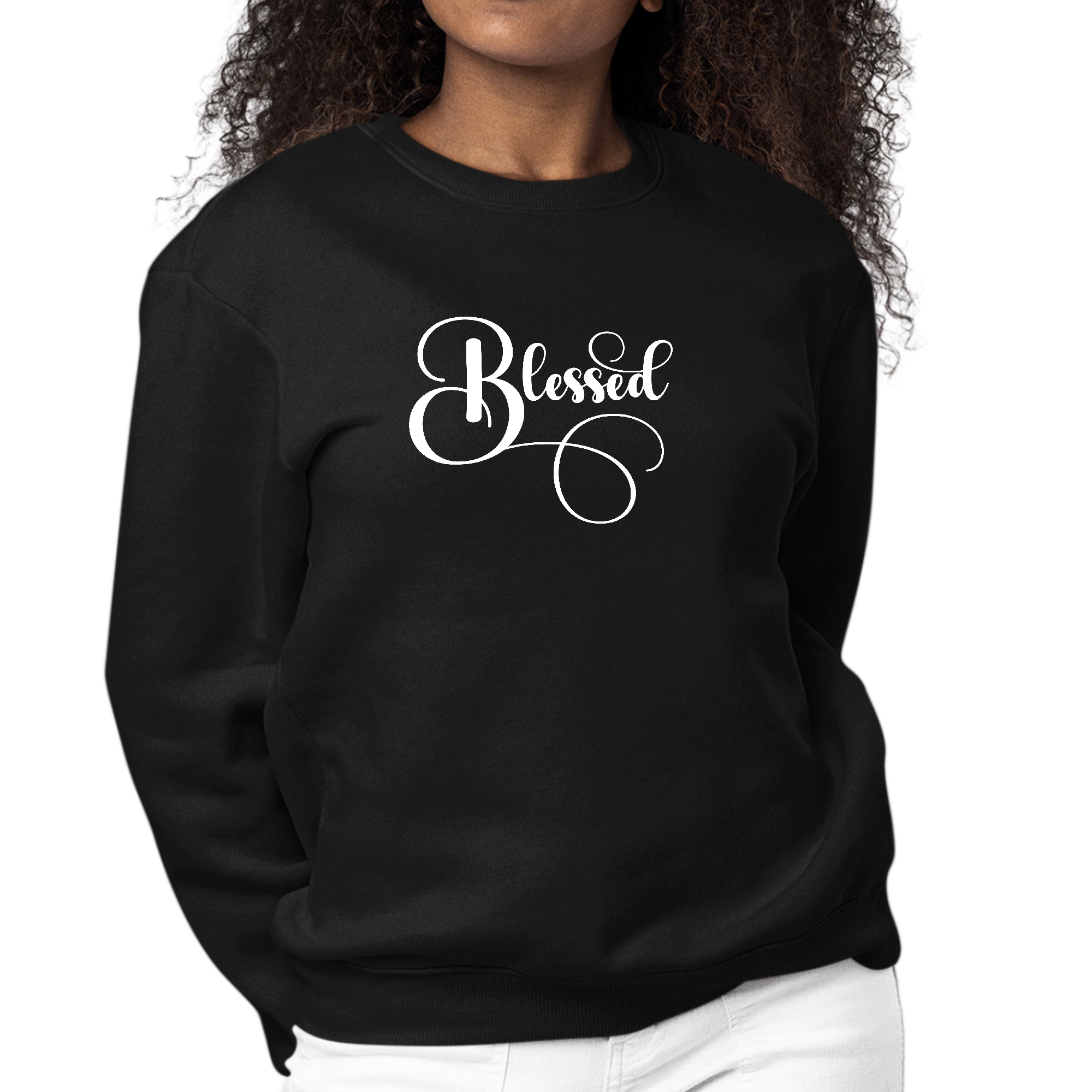 Women's long sleeve crewneck sweatshirt with Blessed Graphic Illustration, featuring ribbed collar and cuffs.