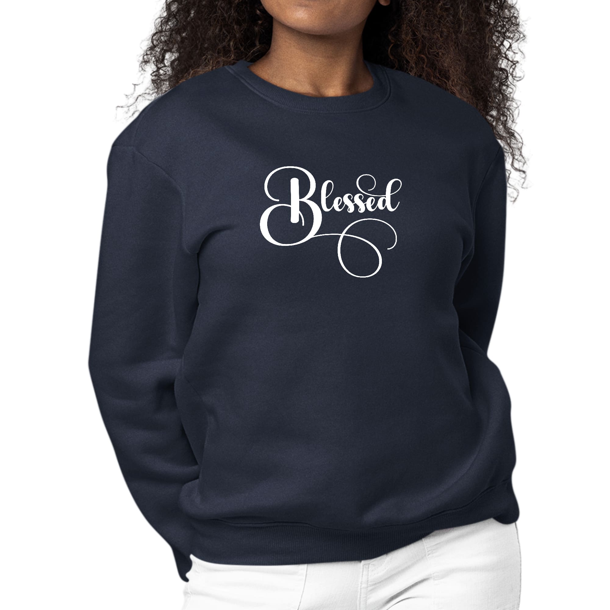 Women's long sleeve crewneck sweatshirt with Blessed Graphic Illustration, featuring ribbed collar and cuffs.