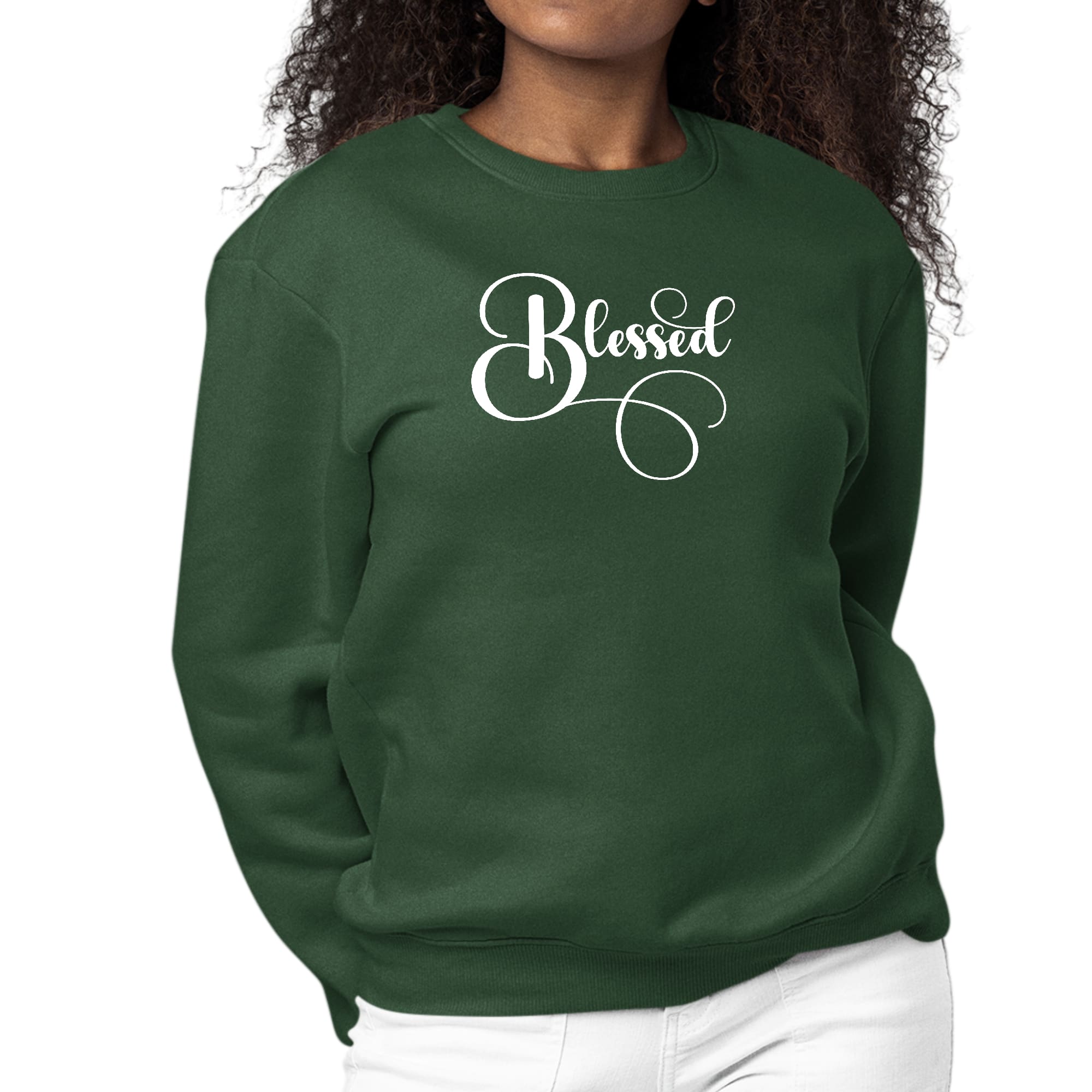 Women's long sleeve crewneck sweatshirt with Blessed Graphic Illustration, featuring ribbed collar and cuffs.