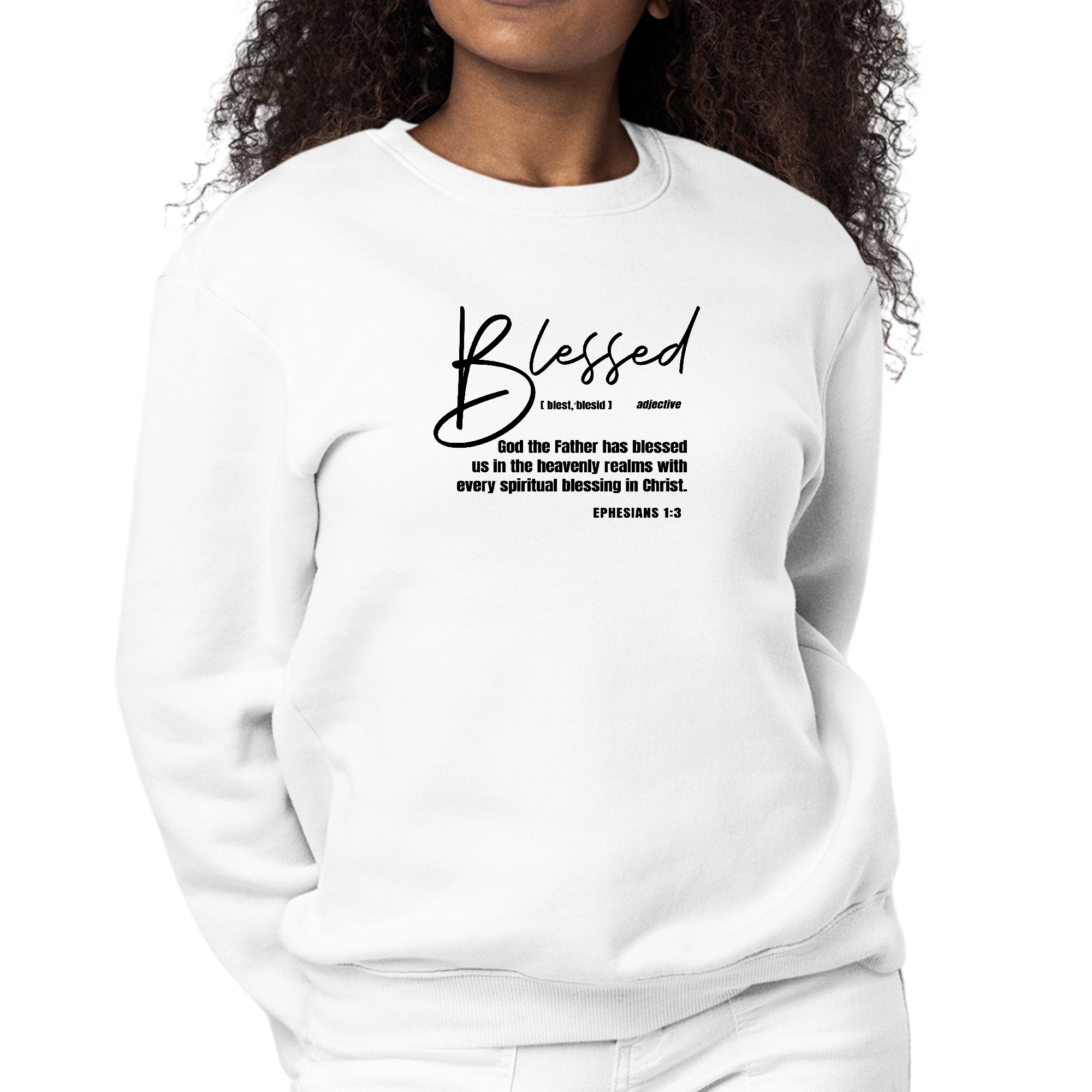 Women's Graphic Sweatshirt featuring 'Blessed in Christ' illustration in black, showcasing a cozy pullover style with ribbed details.