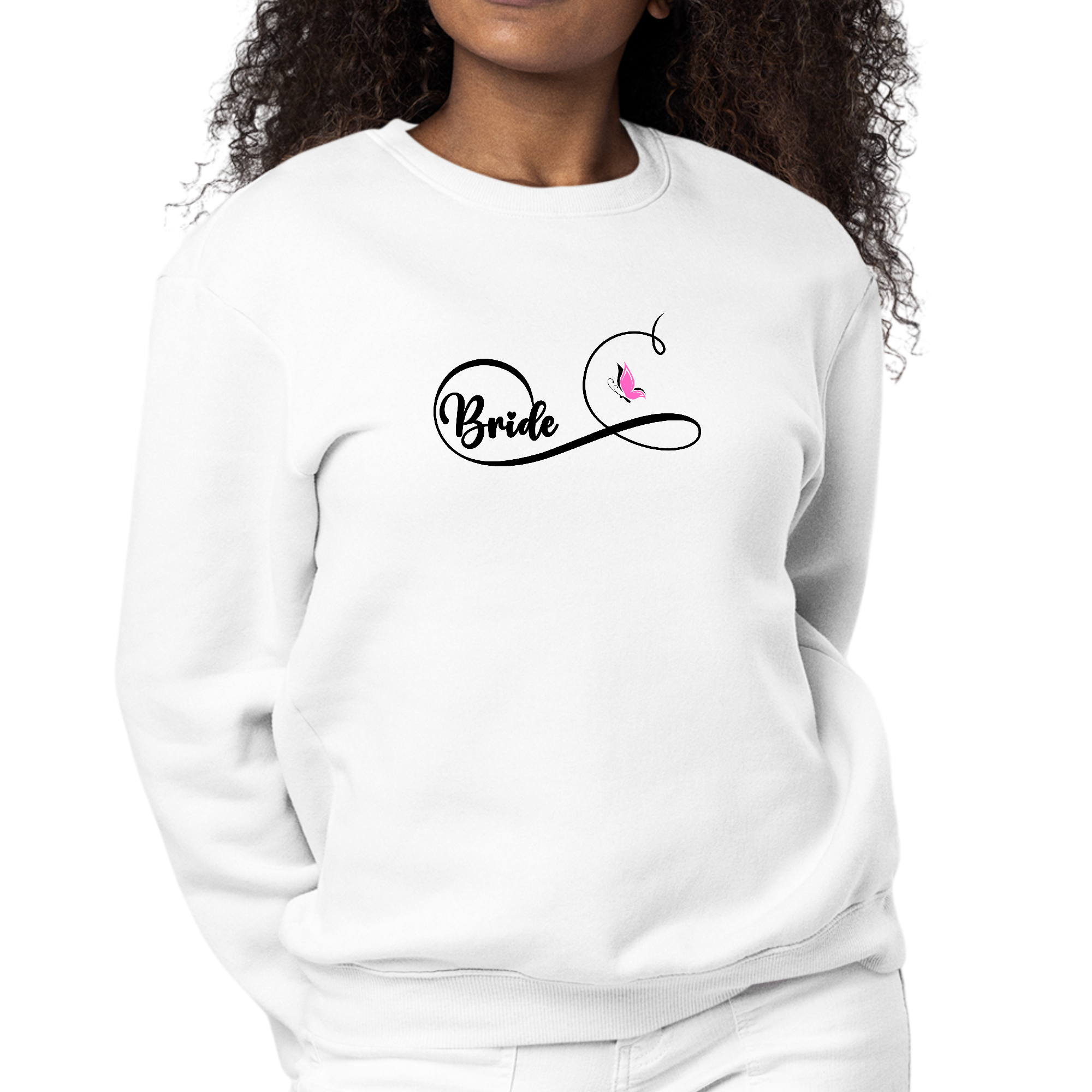 Womens Graphic Sweatshirt featuring a butterfly illustration for brides, showcasing a comfortable crewneck design.