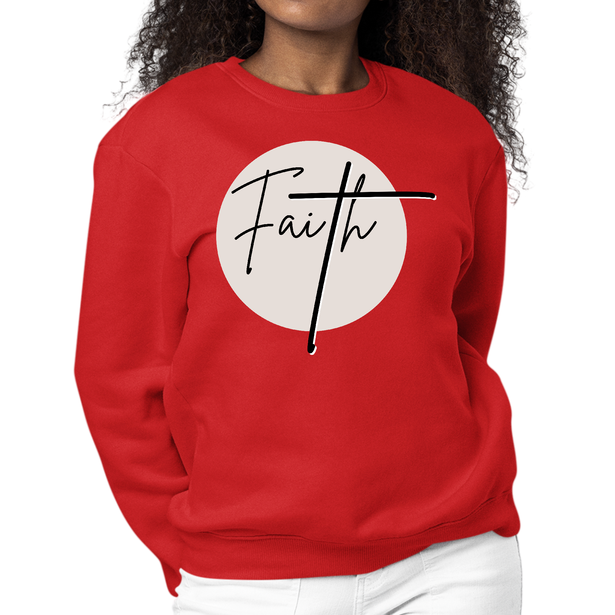 Women's black graphic sweatshirt featuring the word 'Faith' in beige, designed for comfort and durability.