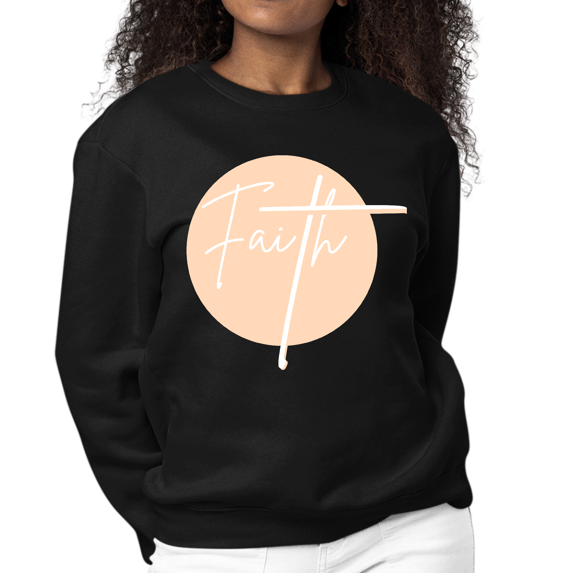 Women's Graphic Sweatshirt in peach featuring Christian affirmation design, long sleeves, and ribbed collar.