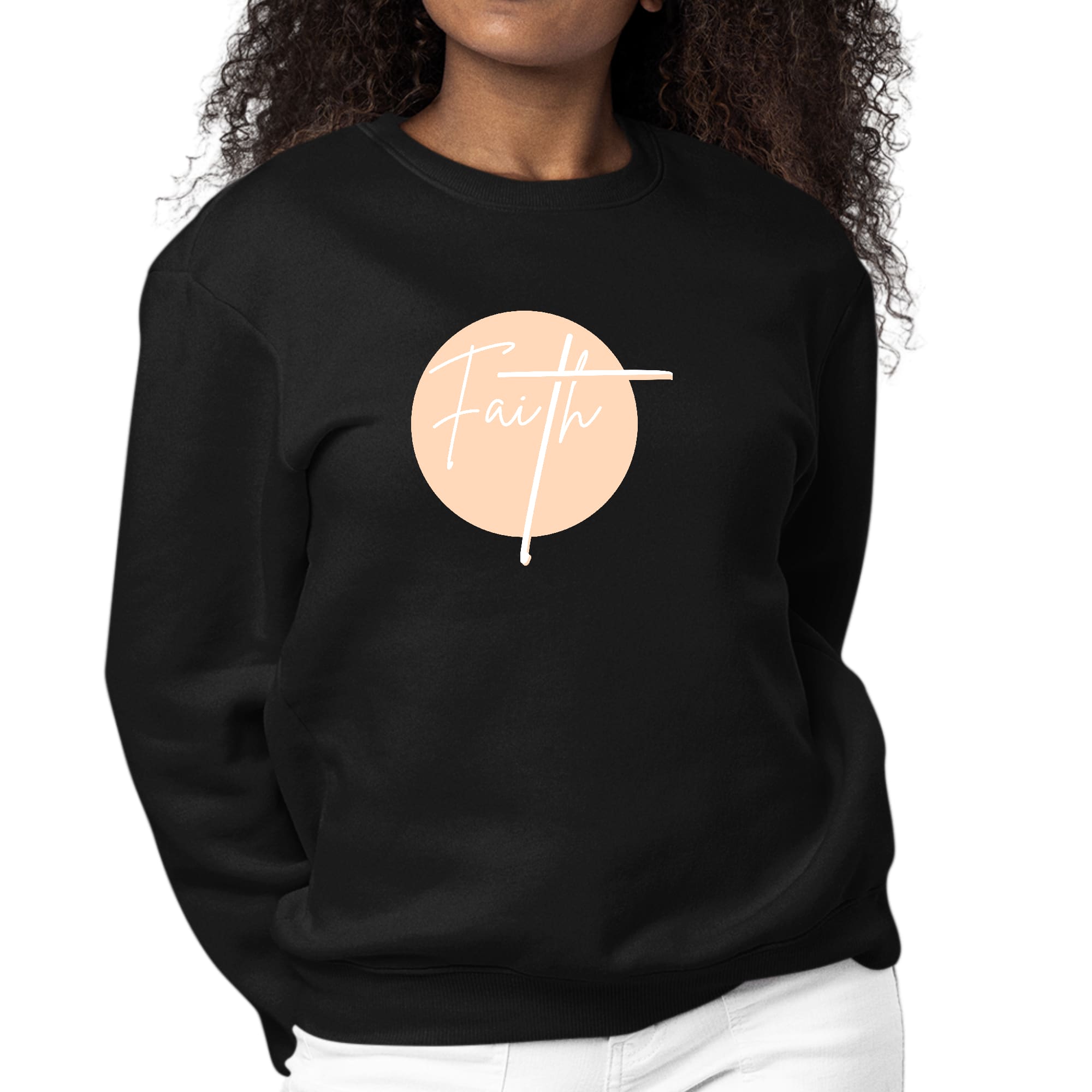 Women's Graphic Sweatshirt in peach featuring Christian affirmation design, long sleeves, and ribbed collar.