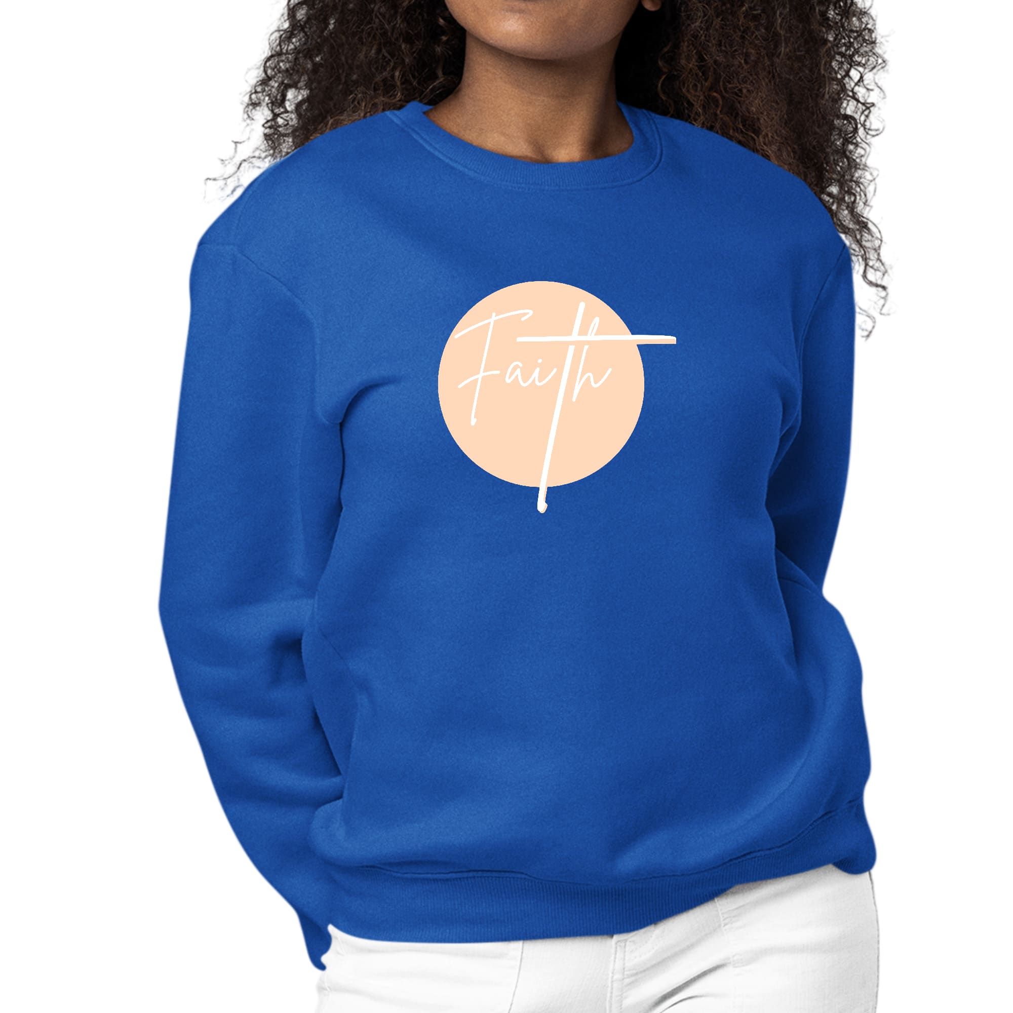 Women's Graphic Sweatshirt in peach featuring Christian affirmation design, long sleeves, and ribbed collar.