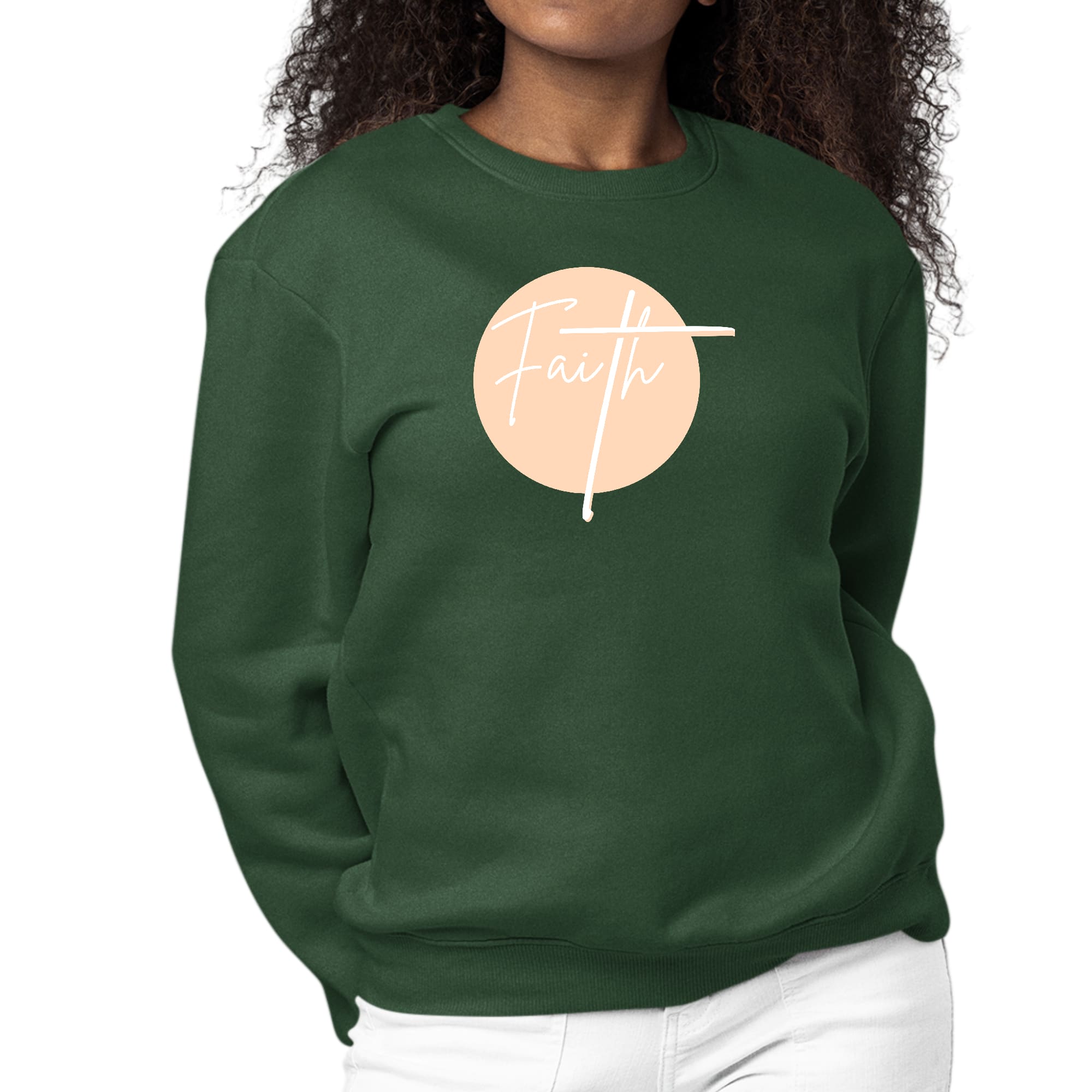 Women's Graphic Sweatshirt in peach featuring Christian affirmation design, long sleeves, and ribbed collar.