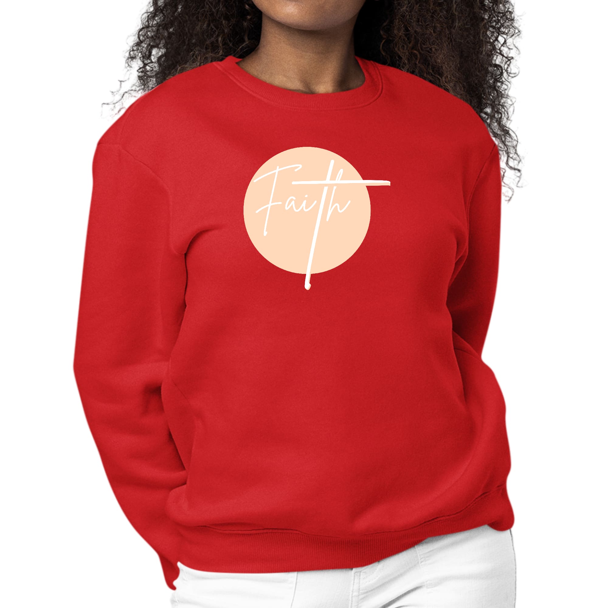 Women's Graphic Sweatshirt in peach featuring Christian affirmation design, long sleeves, and ribbed collar.