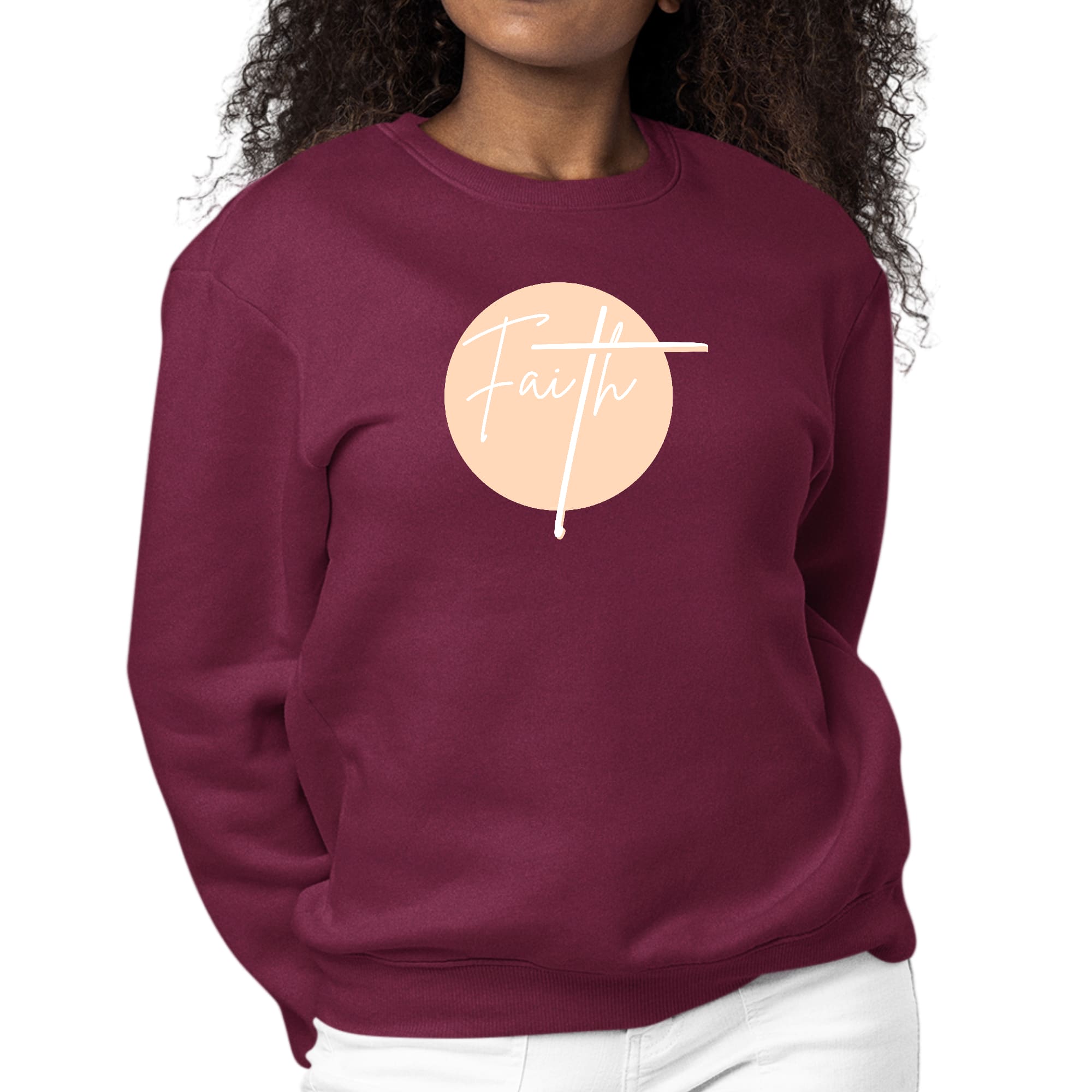 Women's Graphic Sweatshirt in peach featuring Christian affirmation design, long sleeves, and ribbed collar.