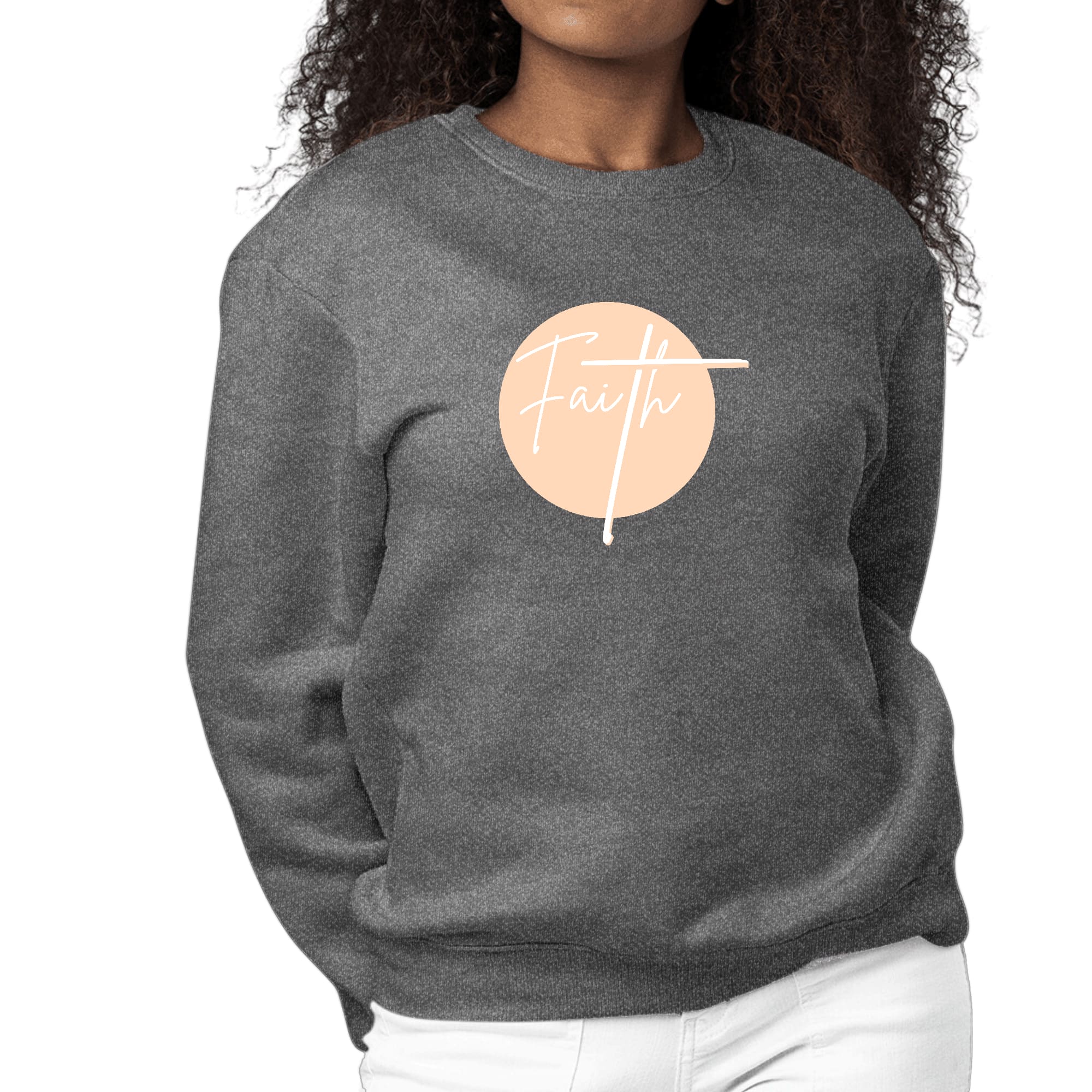 Women's Graphic Sweatshirt in peach featuring Christian affirmation design, long sleeves, and ribbed collar.