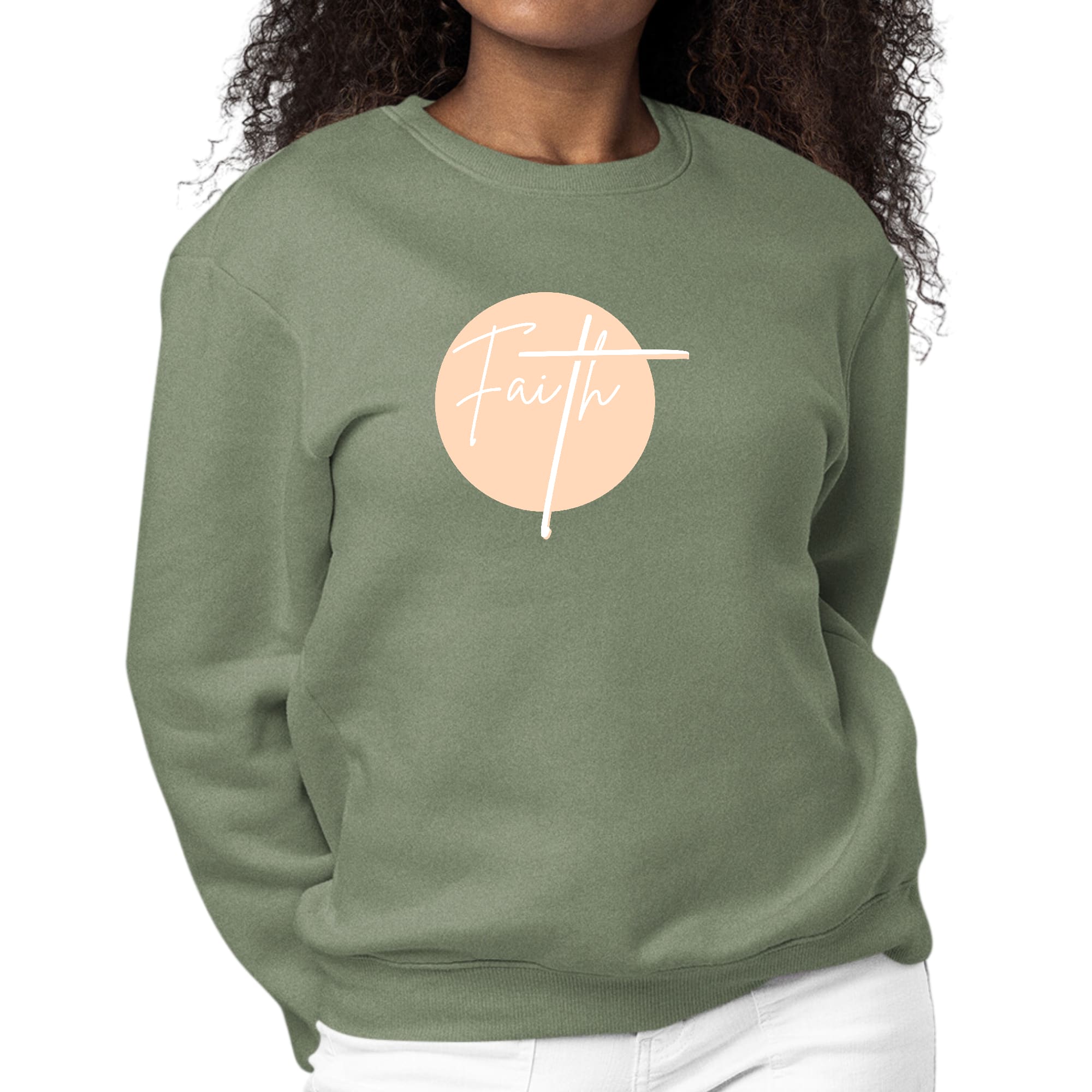 Women's Graphic Sweatshirt in peach featuring Christian affirmation design, long sleeves, and ribbed collar.