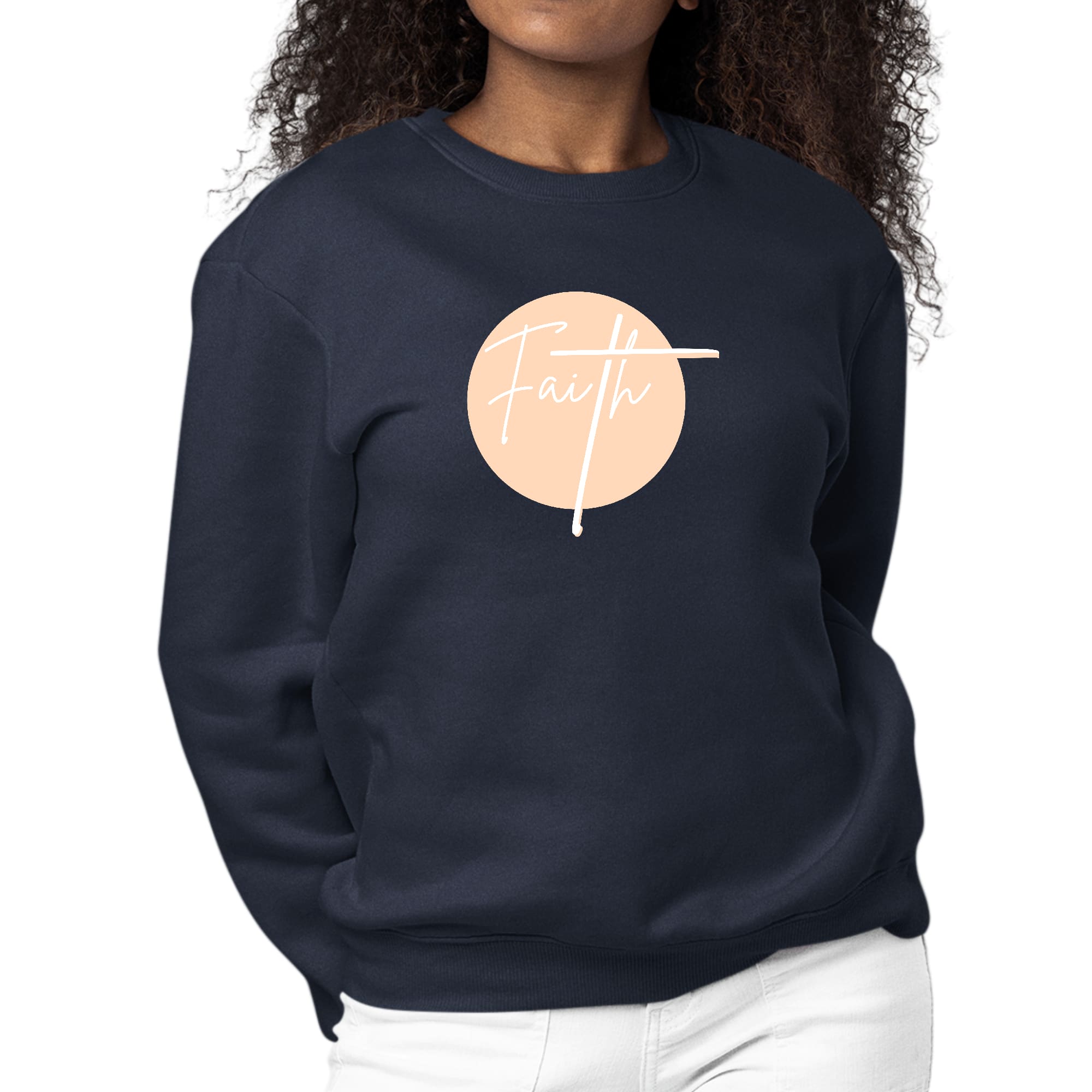 Women's Graphic Sweatshirt in peach featuring Christian affirmation design, long sleeves, and ribbed collar.