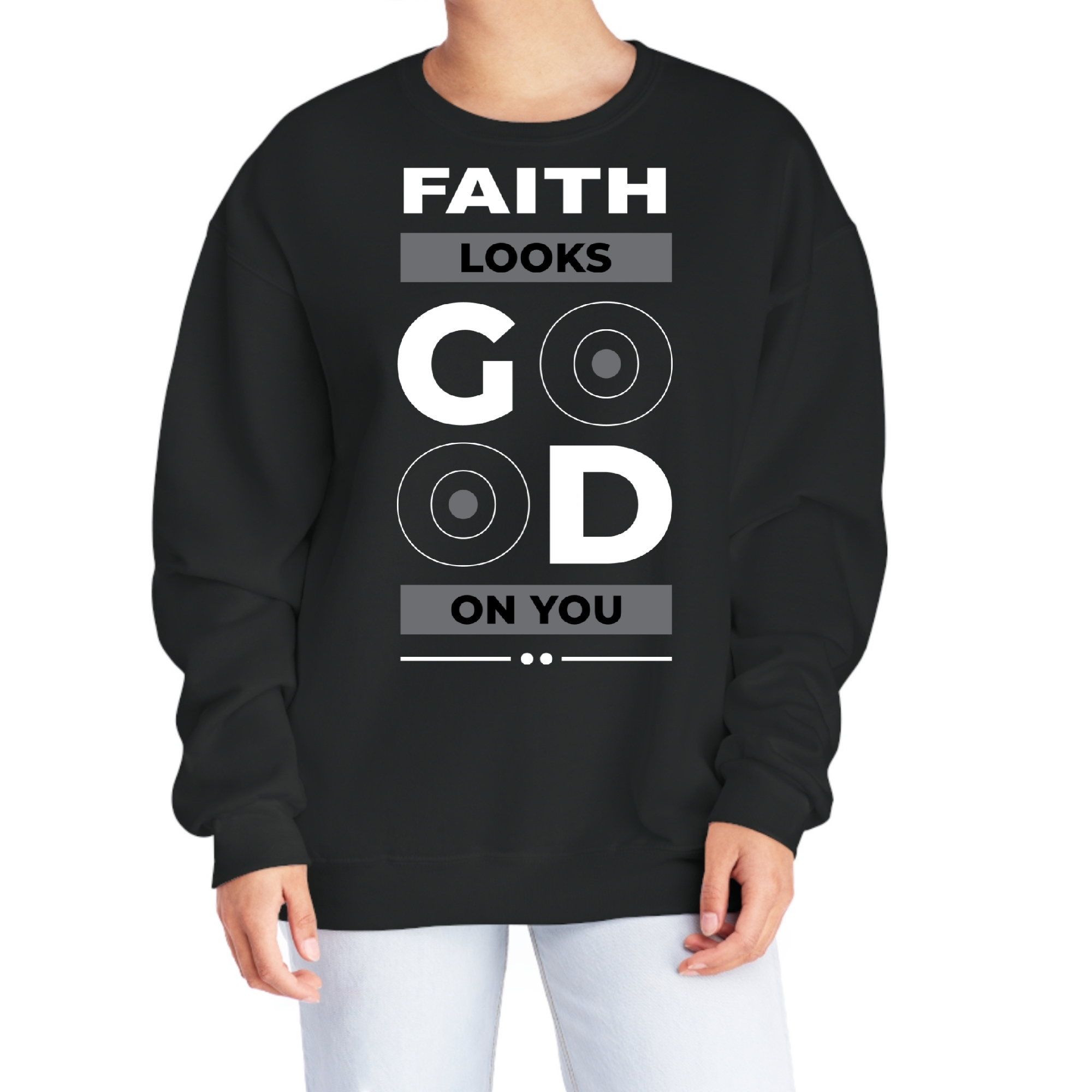 Women's Graphic Sweatshirt featuring the text 'Faith Looks Good' in a stylish design, showcasing a comfortable fit and soft fabric.