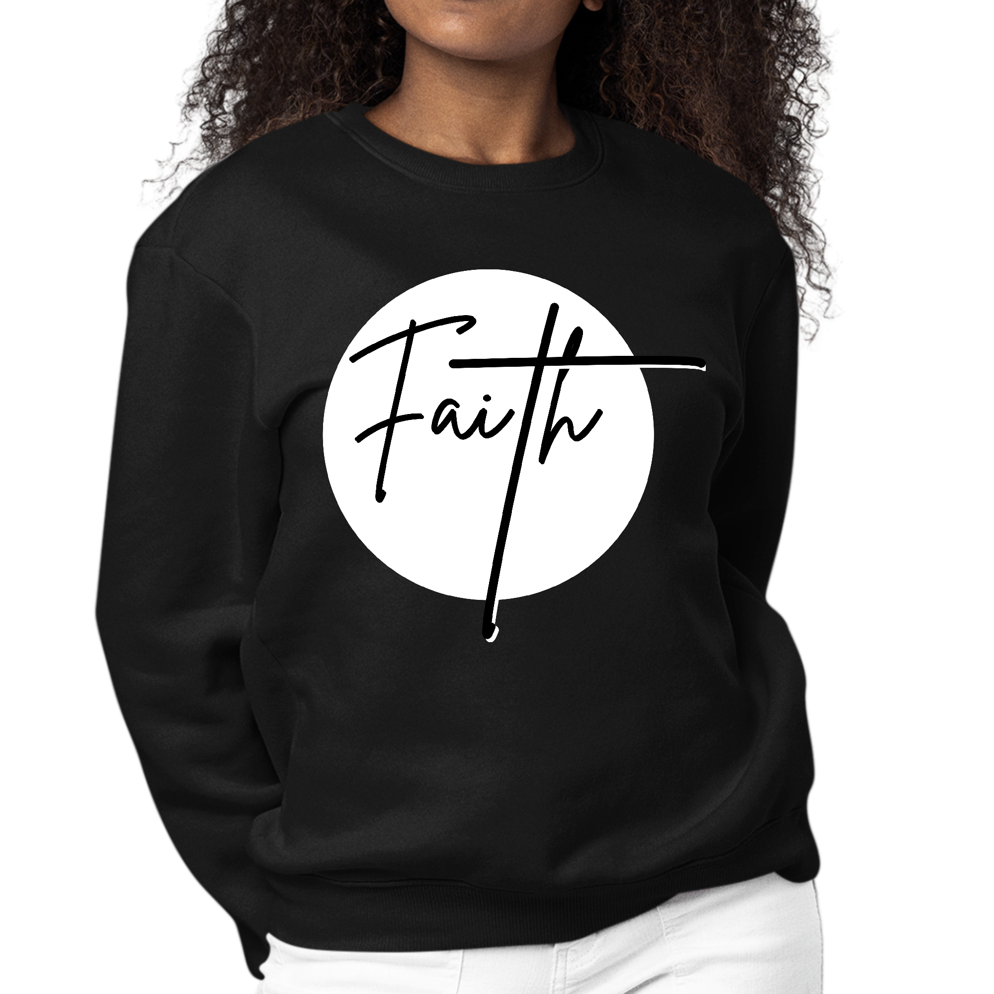 Women's Graphic Sweatshirt with Faith print in black and white, featuring long sleeves and a crewneck design, perfect for casual wear.