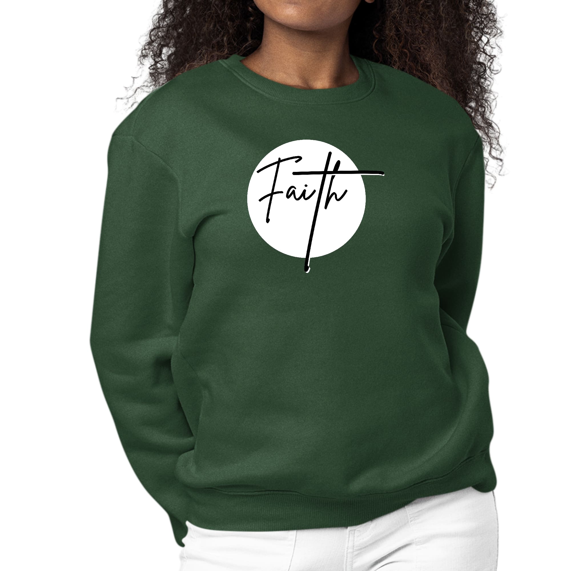 Women's Graphic Sweatshirt with Faith print in black and white, featuring long sleeves and a crewneck design, perfect for casual wear.