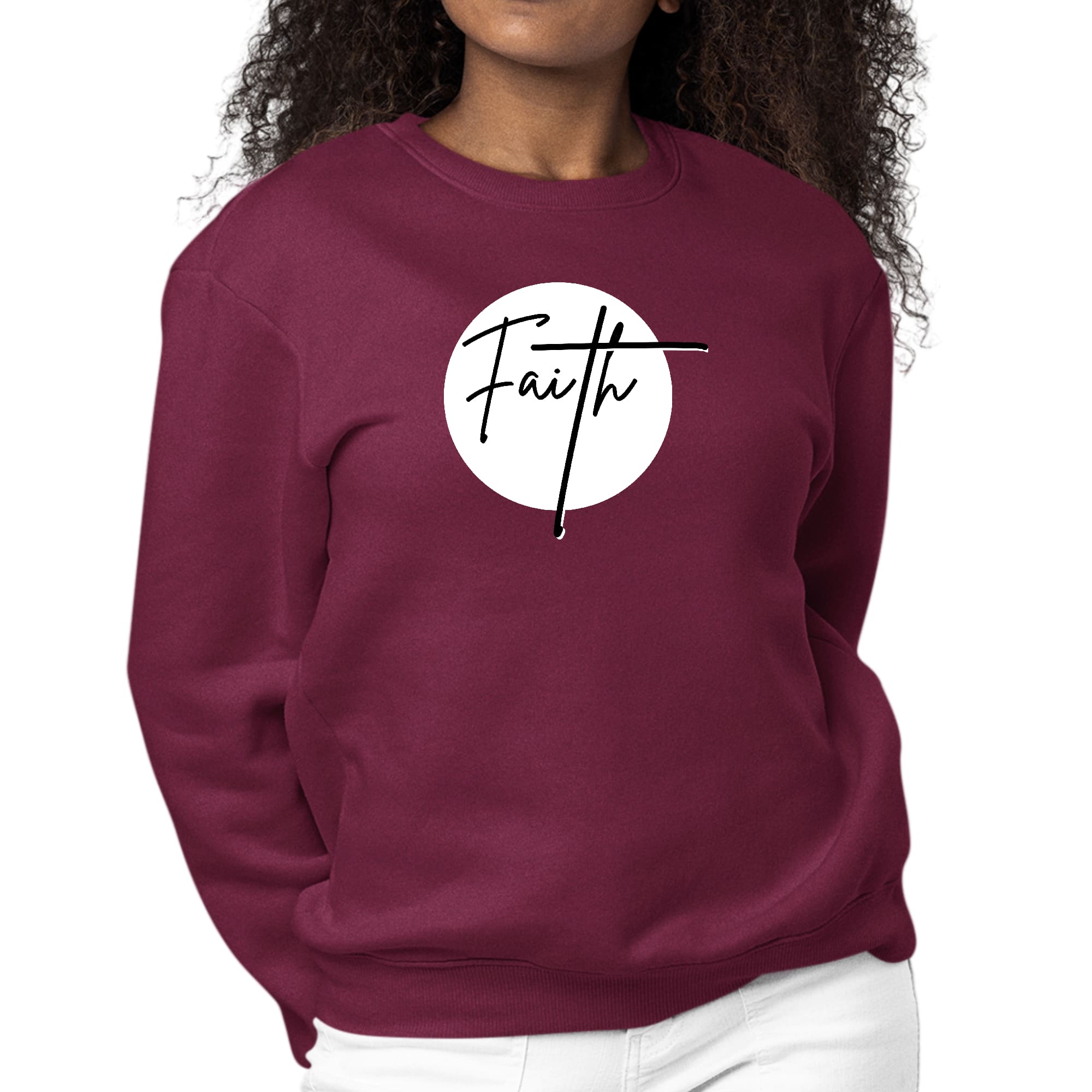 Women's Graphic Sweatshirt with Faith print in black and white, featuring long sleeves and a crewneck design, perfect for casual wear.