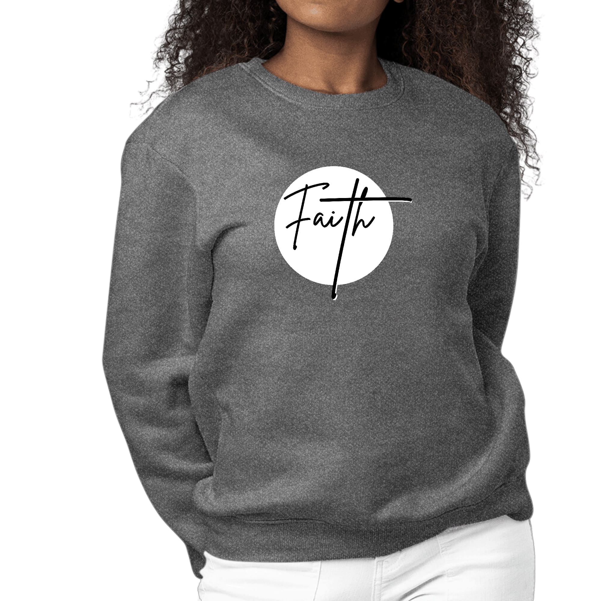 Women's Graphic Sweatshirt with Faith print in black and white, featuring long sleeves and a crewneck design, perfect for casual wear.