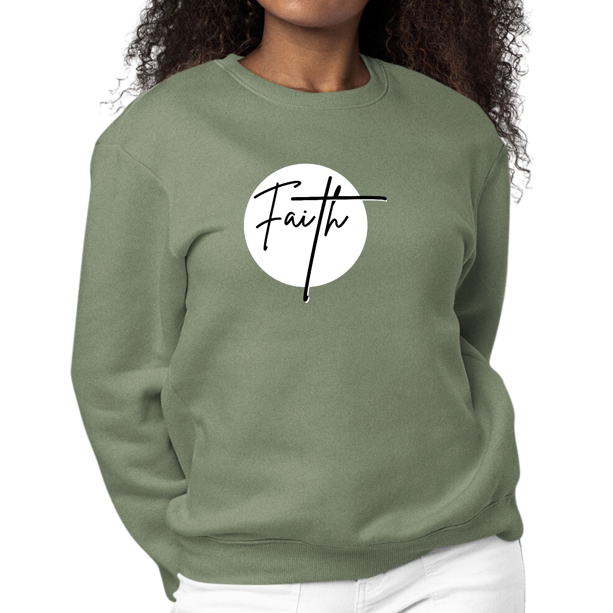 Women's Graphic Sweatshirt with Faith print in black and white, featuring long sleeves and a crewneck design, perfect for casual wear.