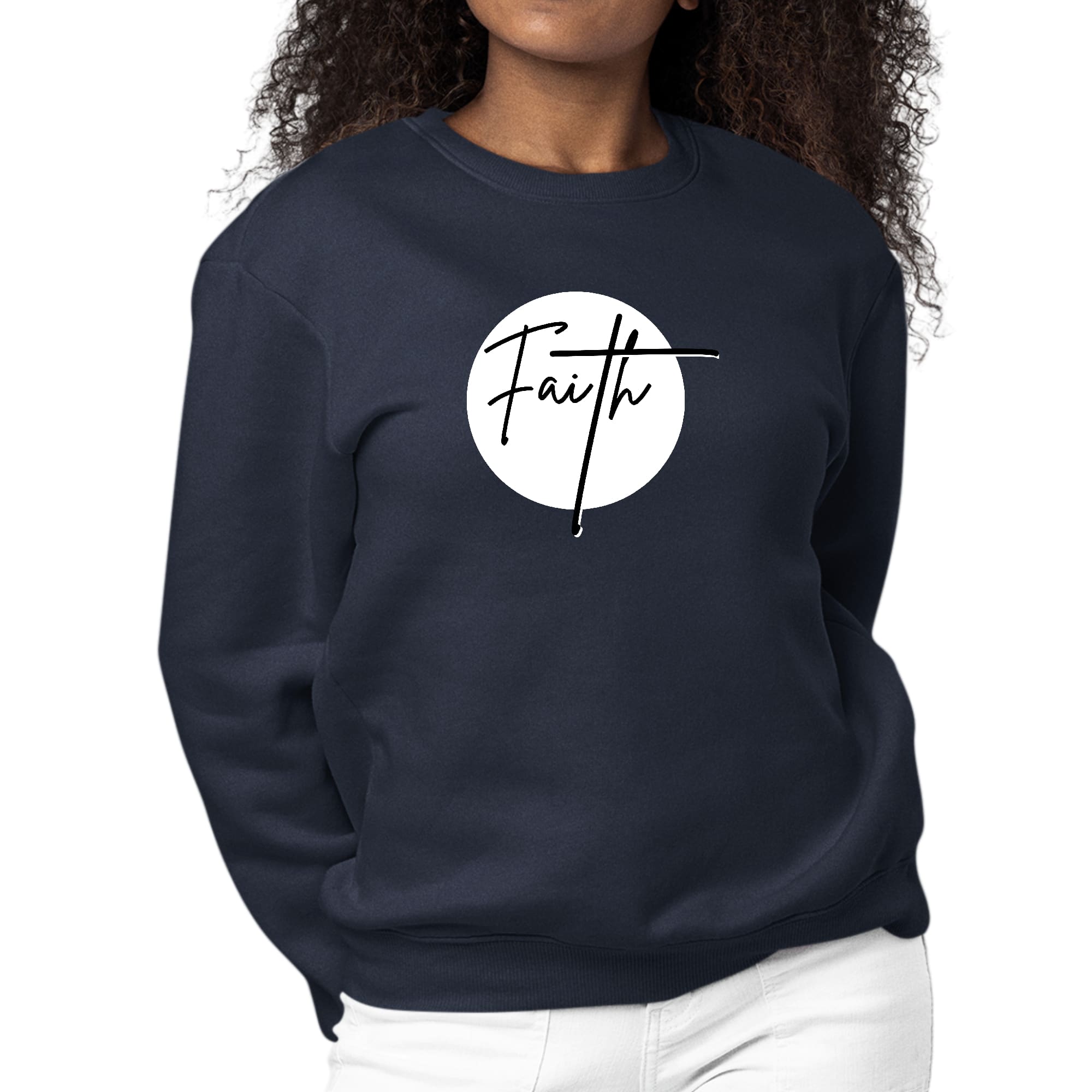 Women's Graphic Sweatshirt with Faith print in black and white, featuring long sleeves and a crewneck design, perfect for casual wear.