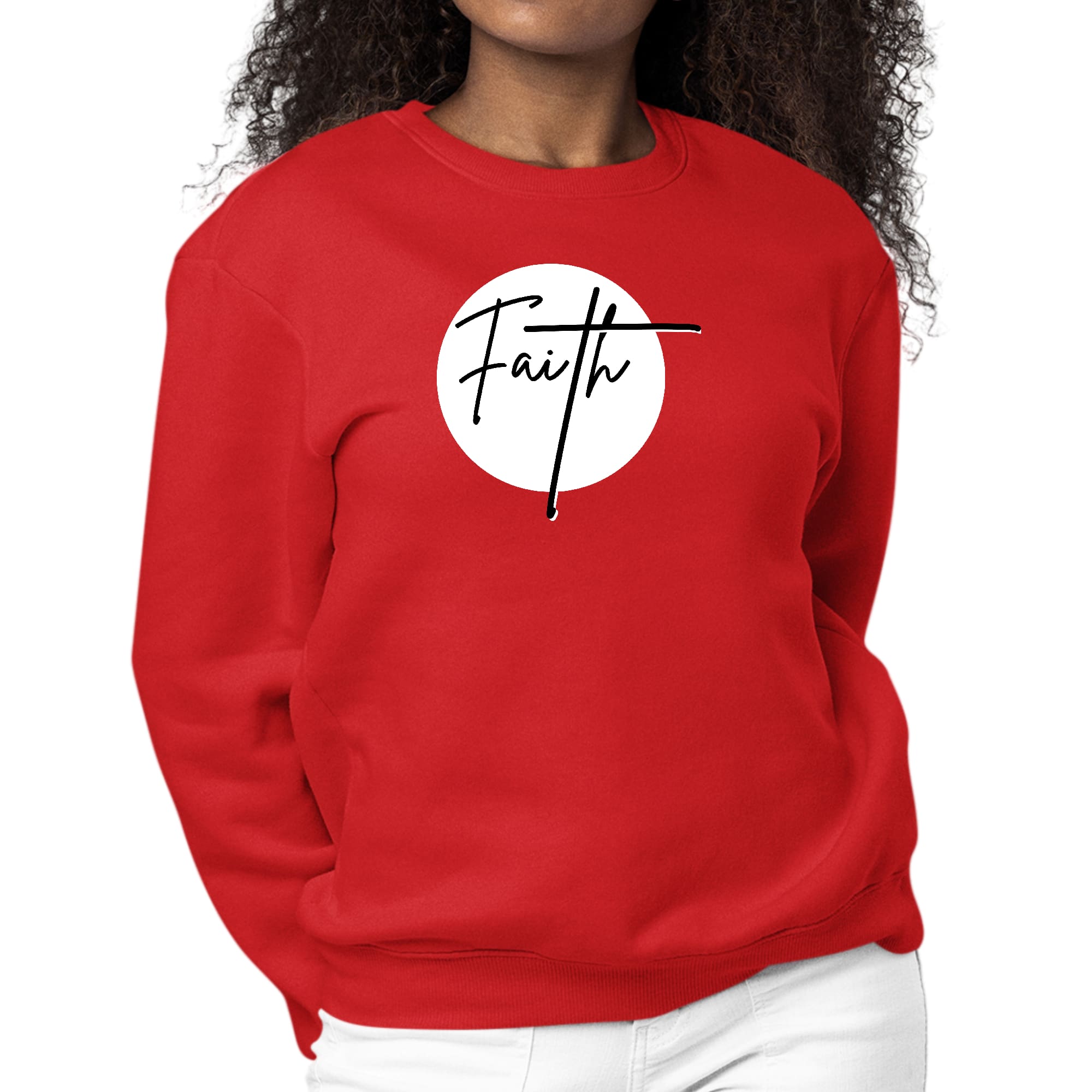 Women's Graphic Sweatshirt with Faith print in black and white, featuring long sleeves and a crewneck design, perfect for casual wear.