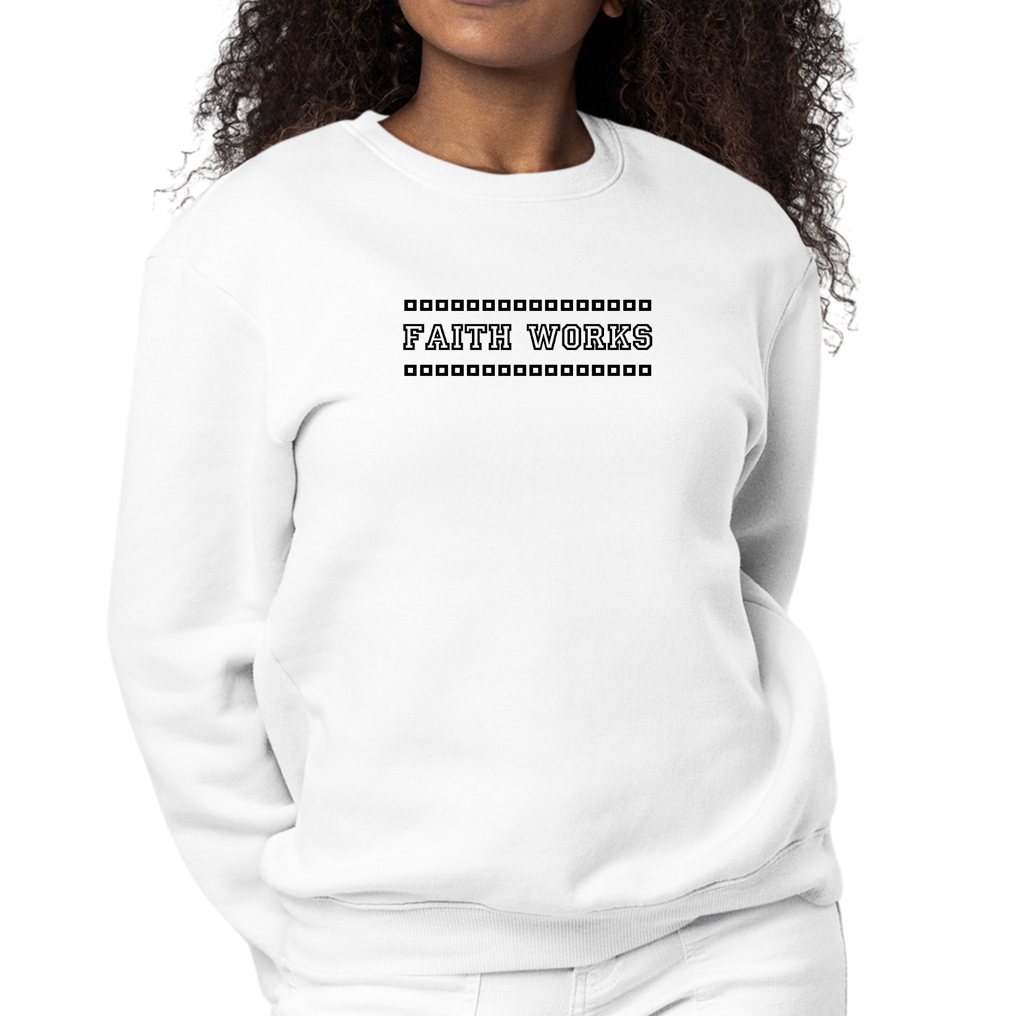 Womens Graphic Sweatshirt in black featuring Faith Works illustration, showcasing cozy fleece and stylish design.