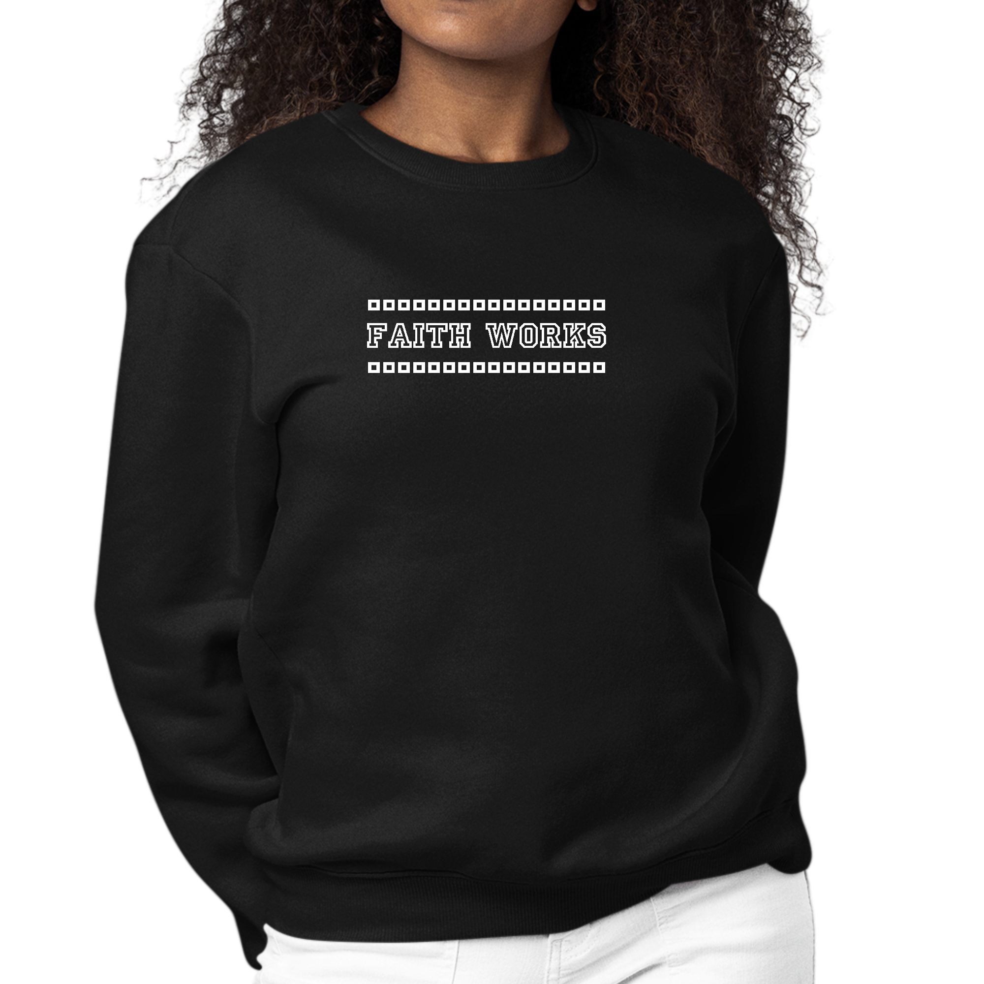 Womens Graphic Sweatshirt featuring Faith Works illustration, showcasing a comfortable crewneck design with long sleeves.