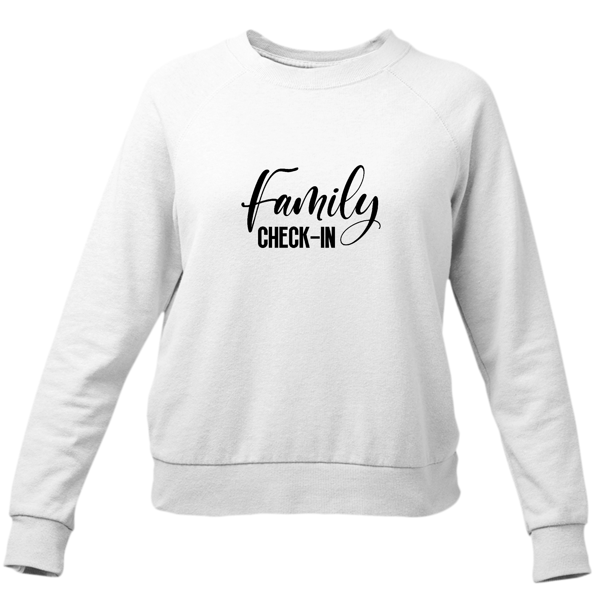 Women's graphic sweatshirt with Family Check-in illustration in black print, featuring long sleeves and a comfortable crewneck design.