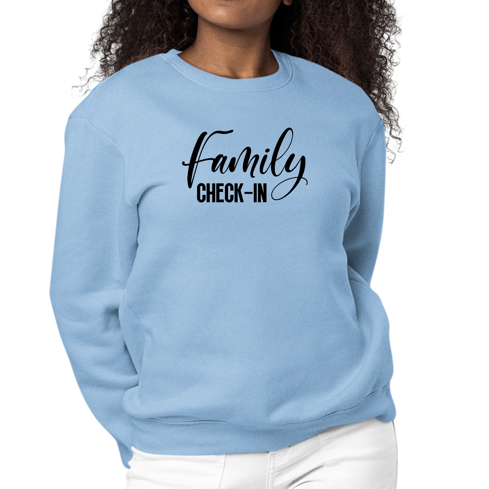 Women's graphic sweatshirt with Family Check-in illustration in black print, featuring long sleeves and a comfortable crewneck design.